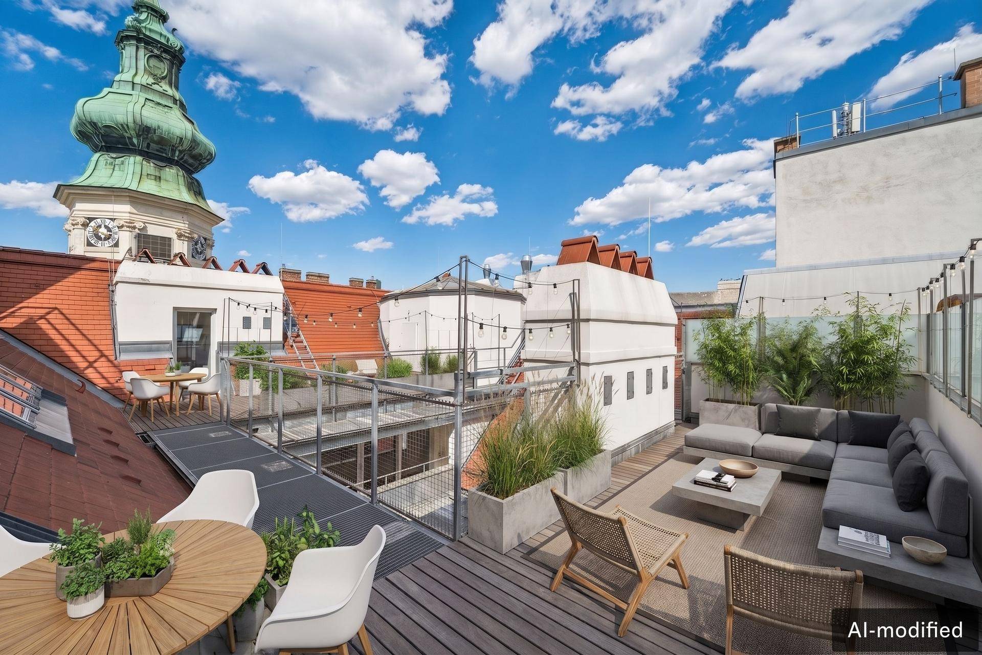 Möblierte Dachterrasse mit gemütlicher Sitzecke, Pflanzen und Panoramablick auf die Stadt und Kirchturm.