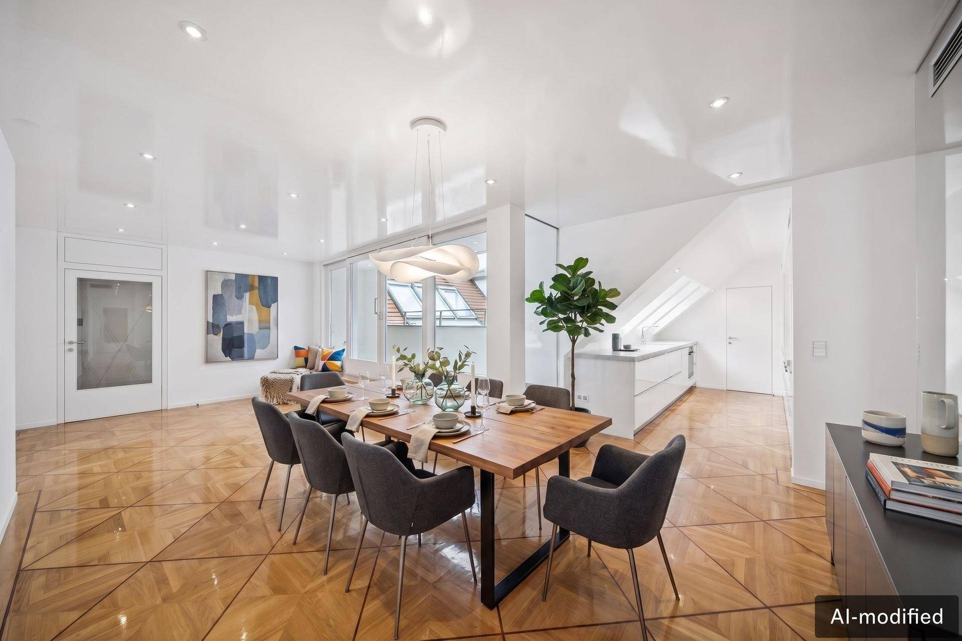 Stilvoller Essbereich mit Holztisch, modernen Stühlen und Designerlampe, umgeben von großen Fenstern.