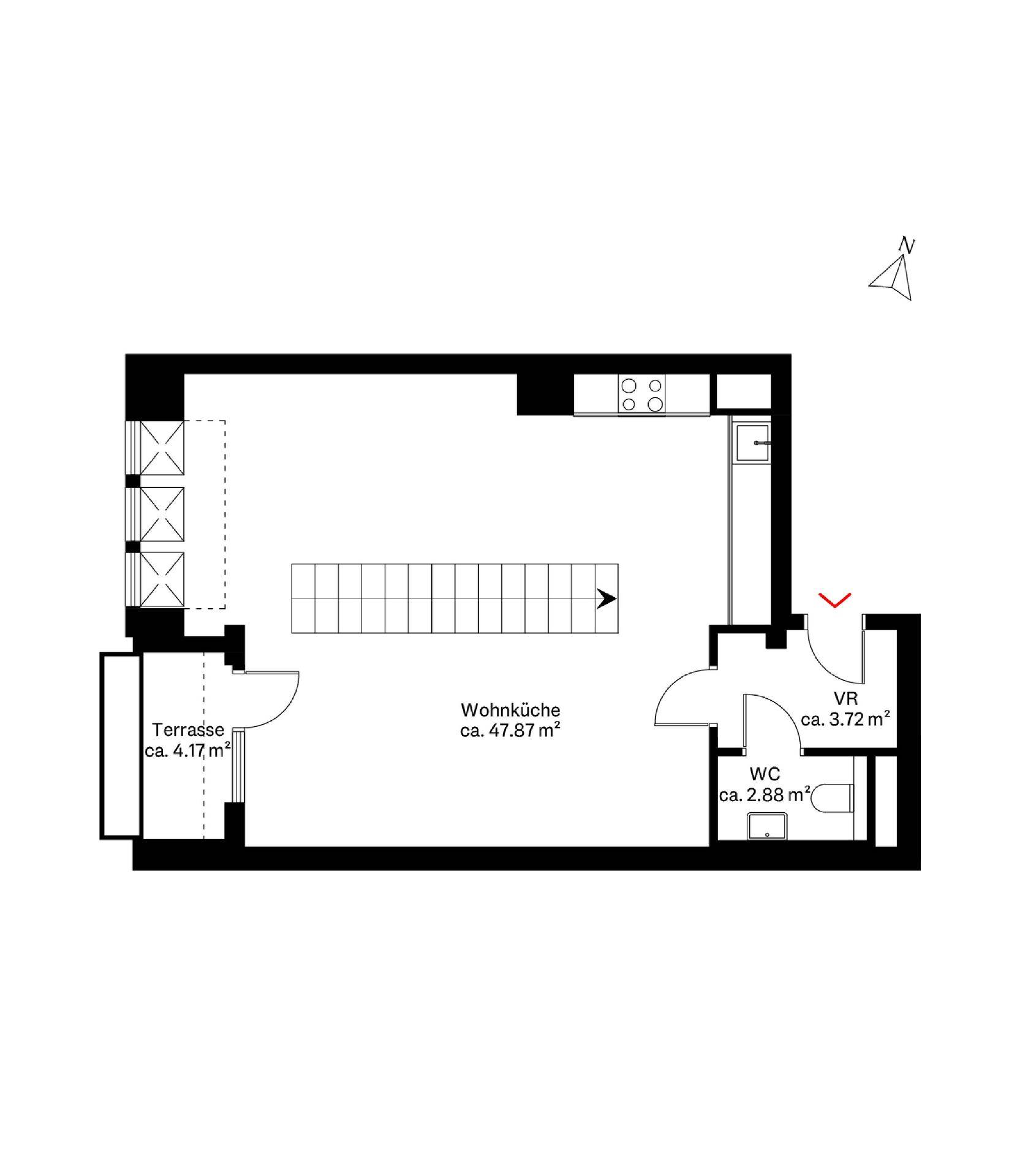 Grundriss der unteren Ebene mit Wohnküche, WC und Terrasse.