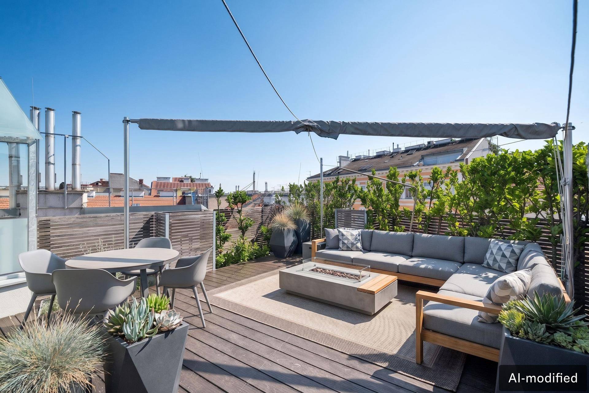 Möblierte Dachterrasse mit Lounge-Bereich, Esstisch und Feuerstelle unter blauem Himmel.