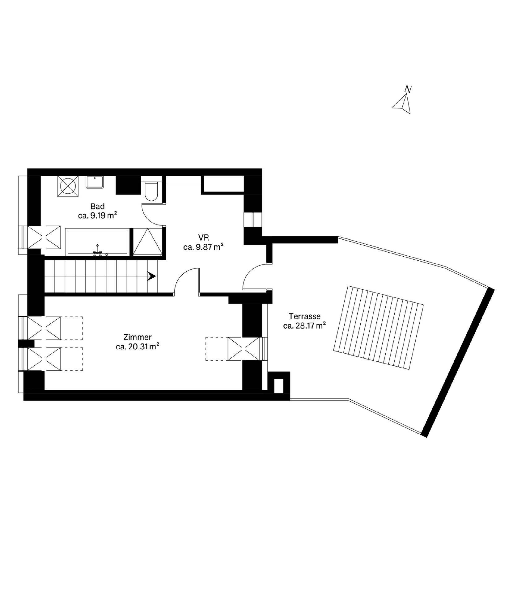 Grundriss der oberen Ebene mit Bad, Zimmer und großer Terrasse.