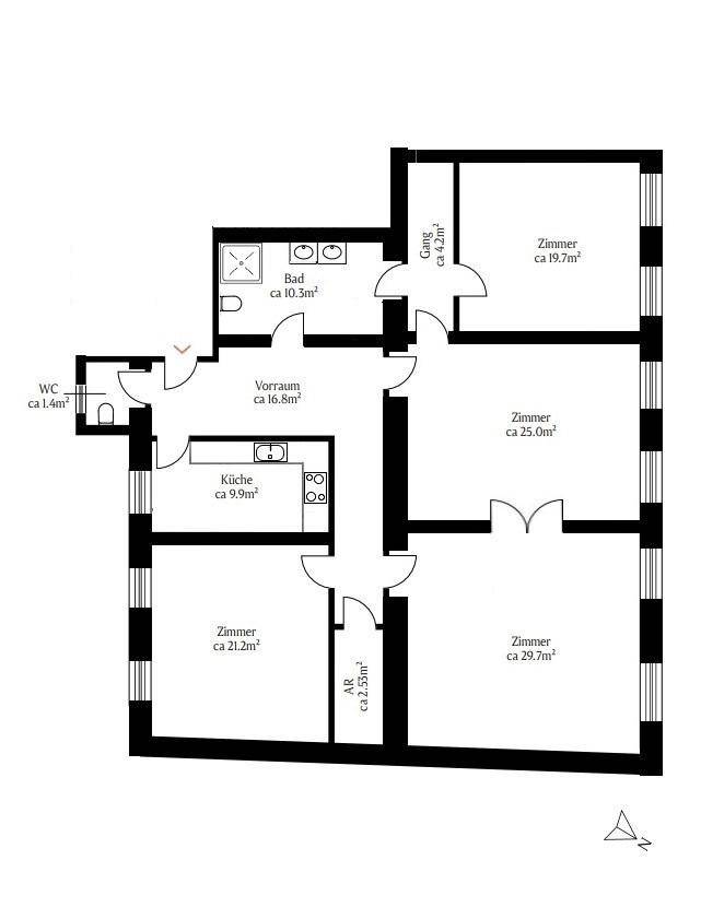 Grundriss der Wohnung mit mehreren Zimmern, Bad, WC und Küche, inklusive Flächenangaben.