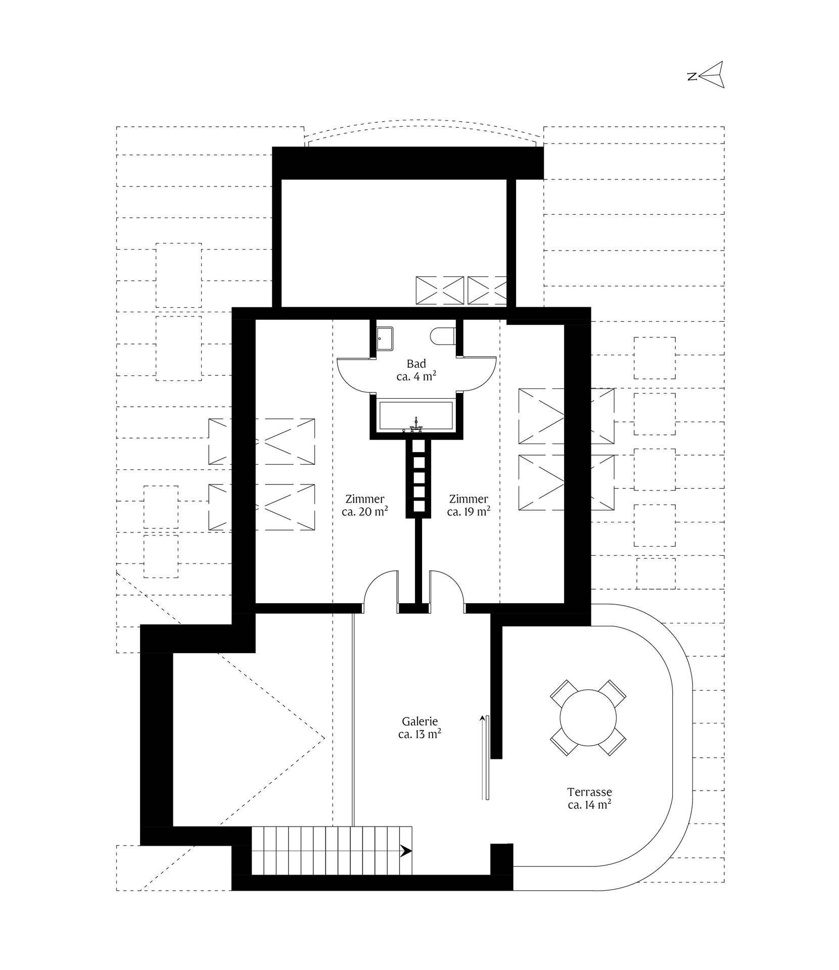 Grundriss des oberen Geschosses mit Schlafzimmern, Bad und Zugang zur Dachterrasse.