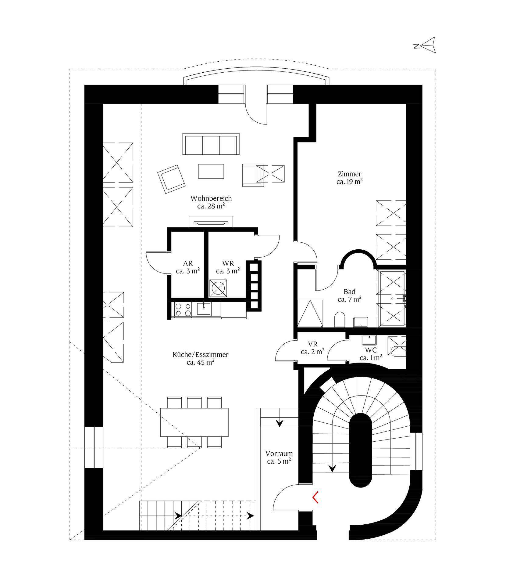 Grundriss des unteren Geschosses mit Wohnbereich, Küche/Esszimmer und separatem Zimmer.