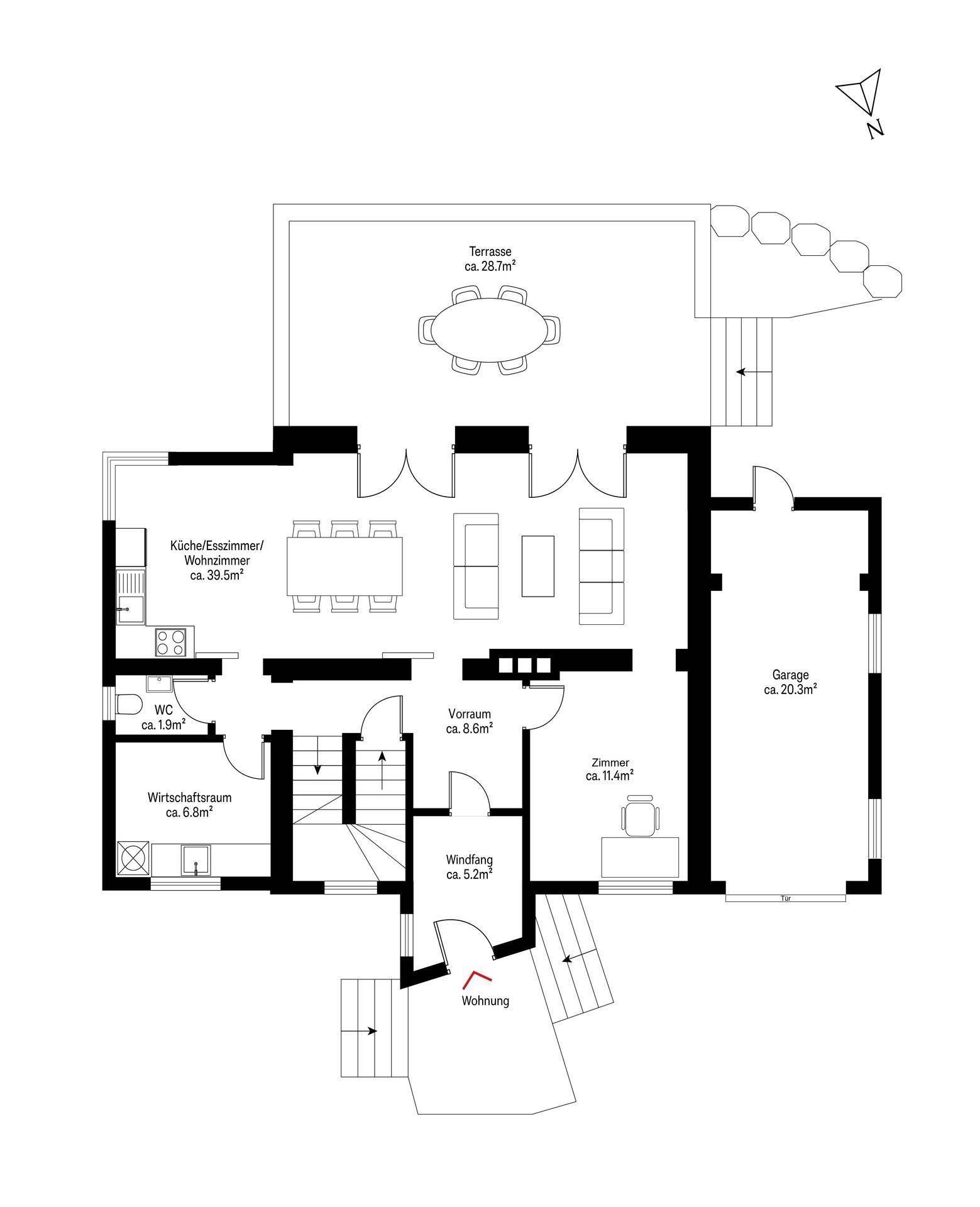 Grundriss des Erdgeschosses mit offener Küche, Wohnzimmer und Terrasse.