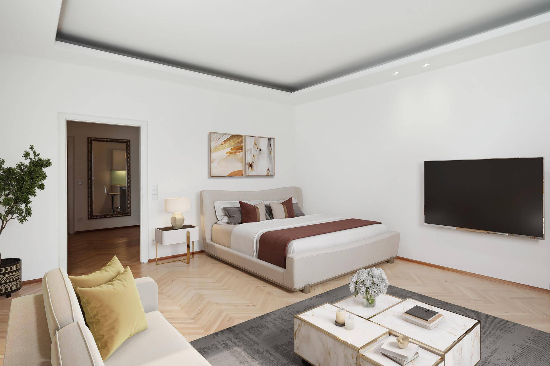 Virtuell inszeniertes Schlafzimmer mit Doppelbett, Sofa und Fischgrätparkett.