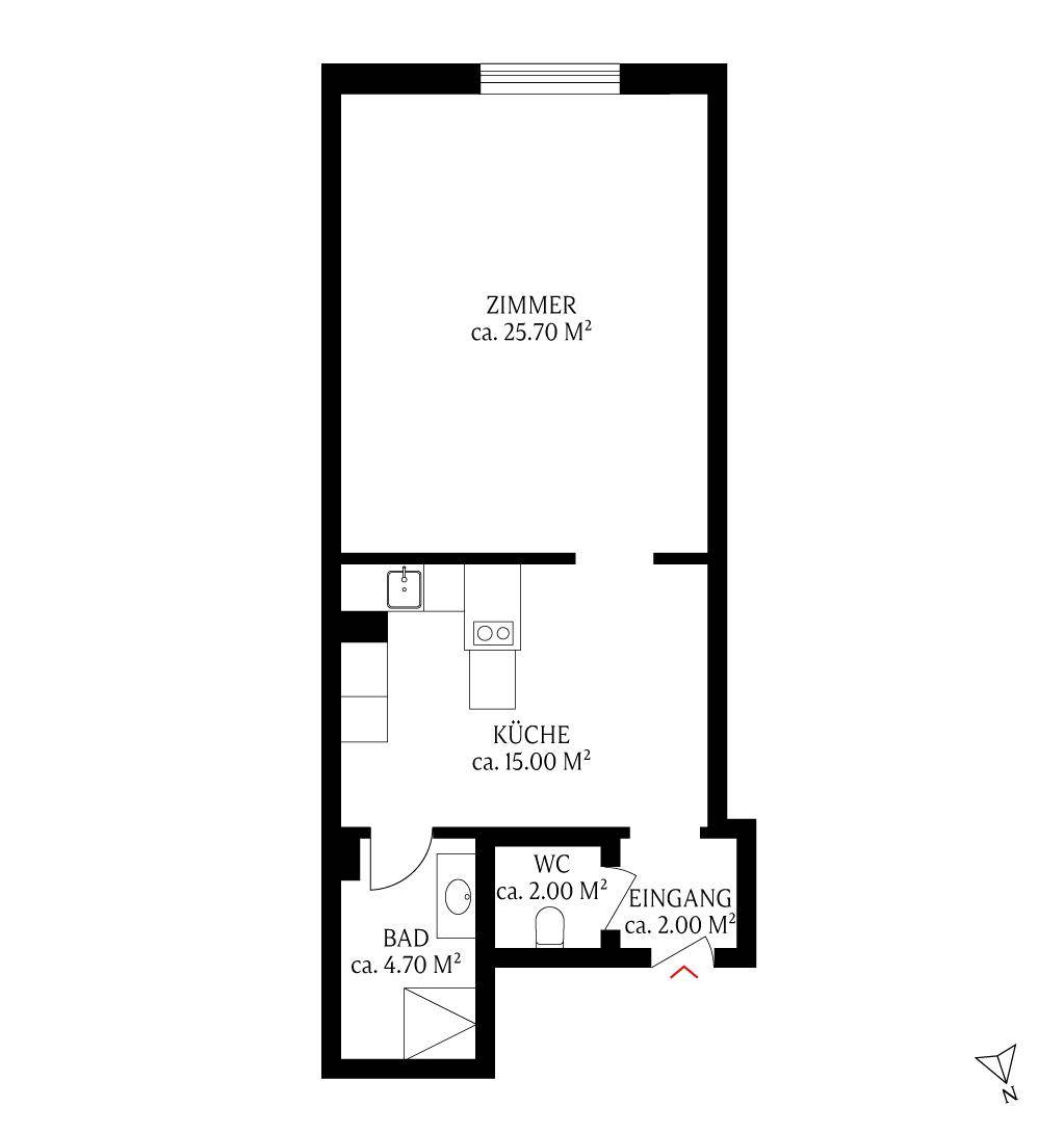 Grundriss einer Wohnung mit einem Zimmer, Küche, Bad und separatem WC.