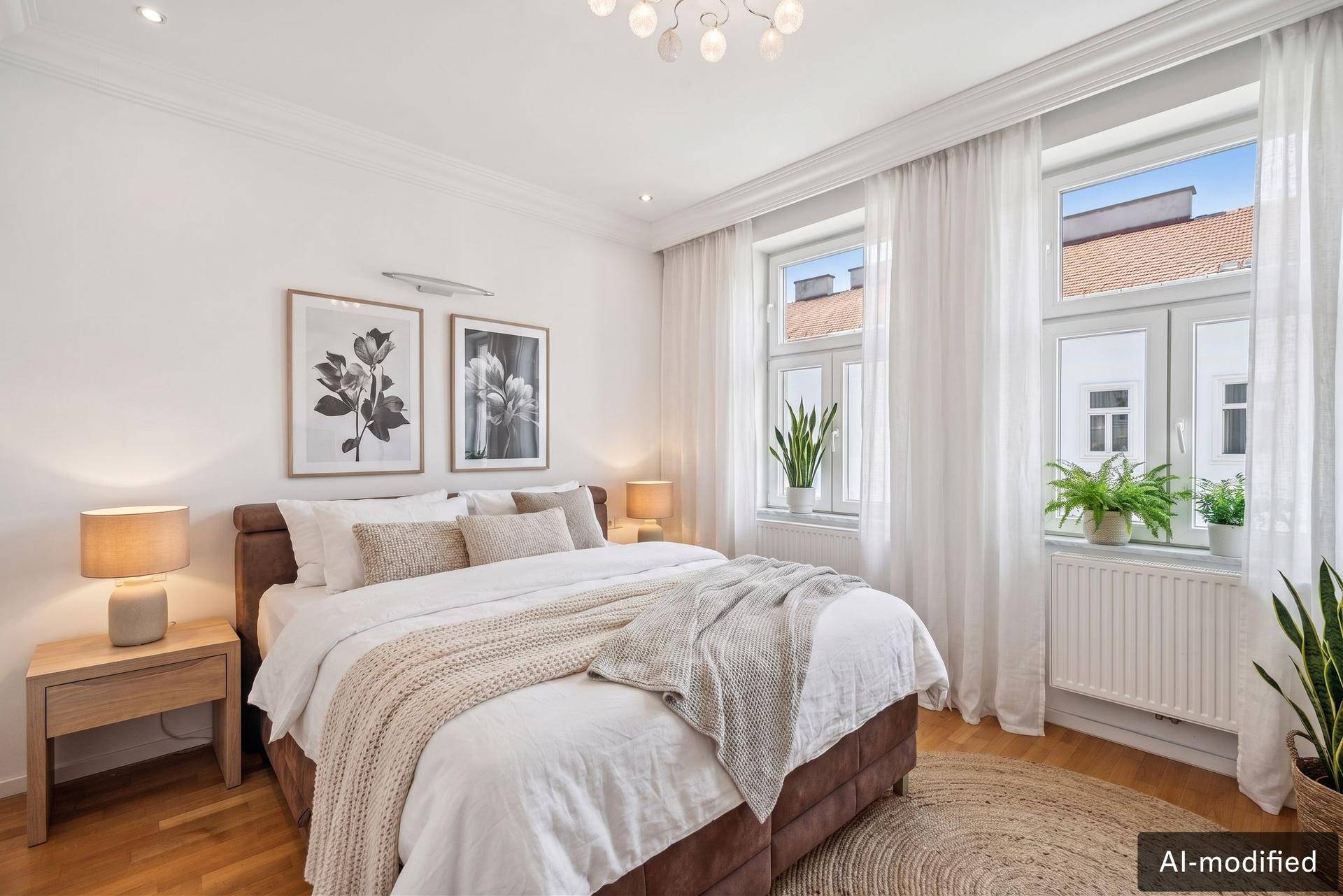 Gemütliches Schlafzimmer mit großem Bett, Holzboden und hellen Fenstern für natürliche Beleuchtung.