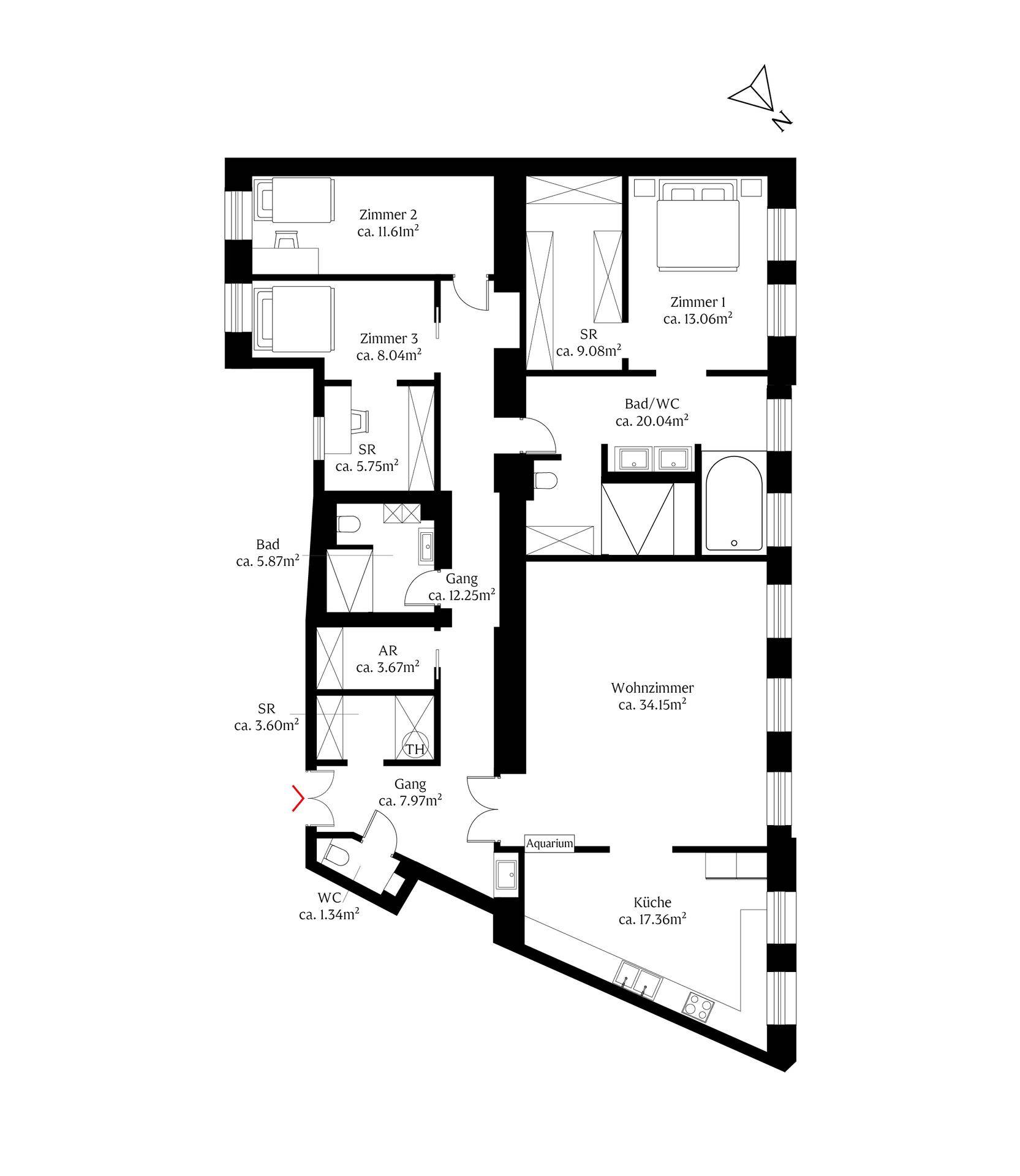 Detaillierter Grundriss der Wohnung mit Raumaufteilung und Flächenangaben in Quadratmetern.