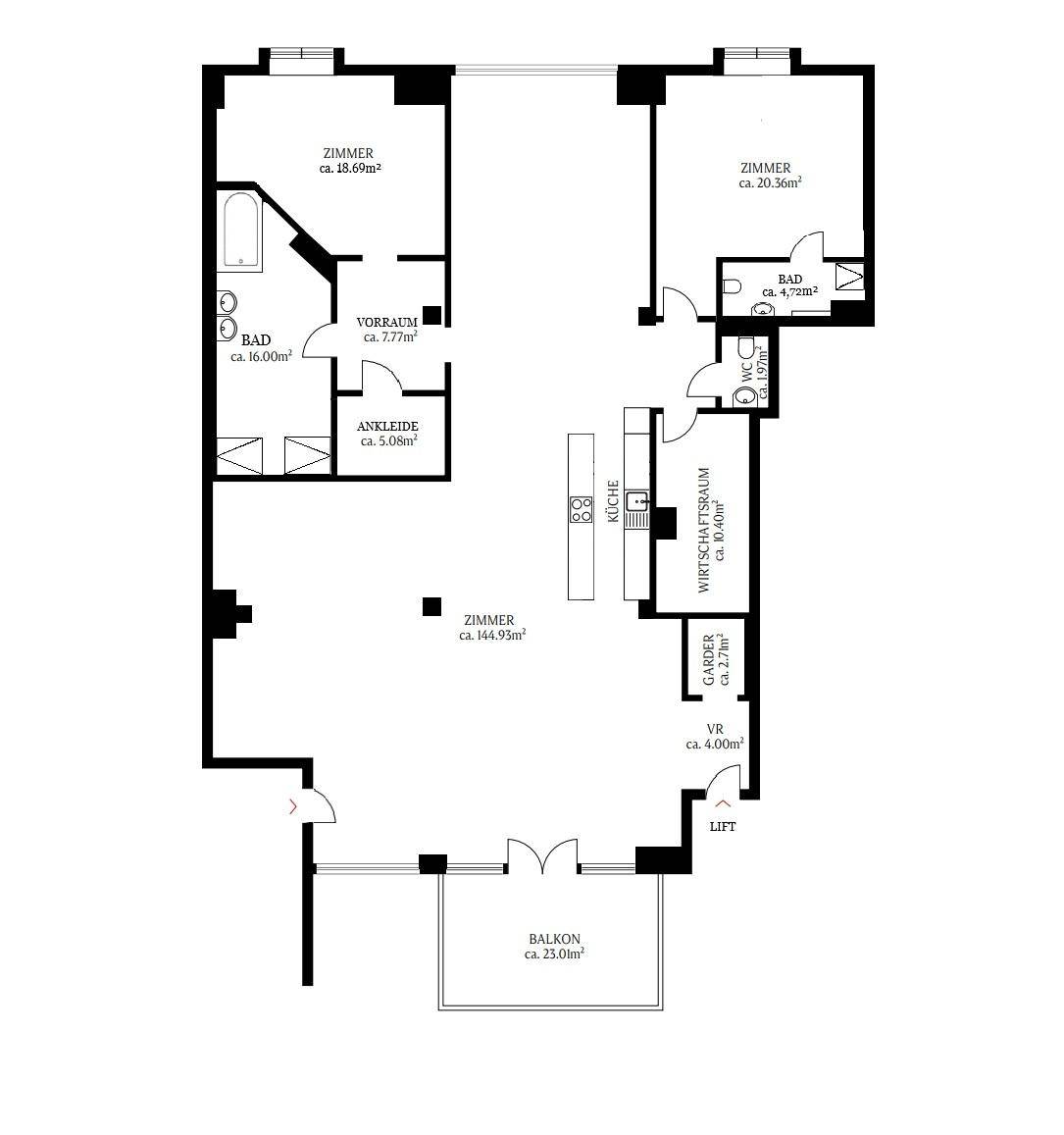 Grundriss der Wohnung mit Zimmern, Bädern, Küche, Ankleide und Balkon.