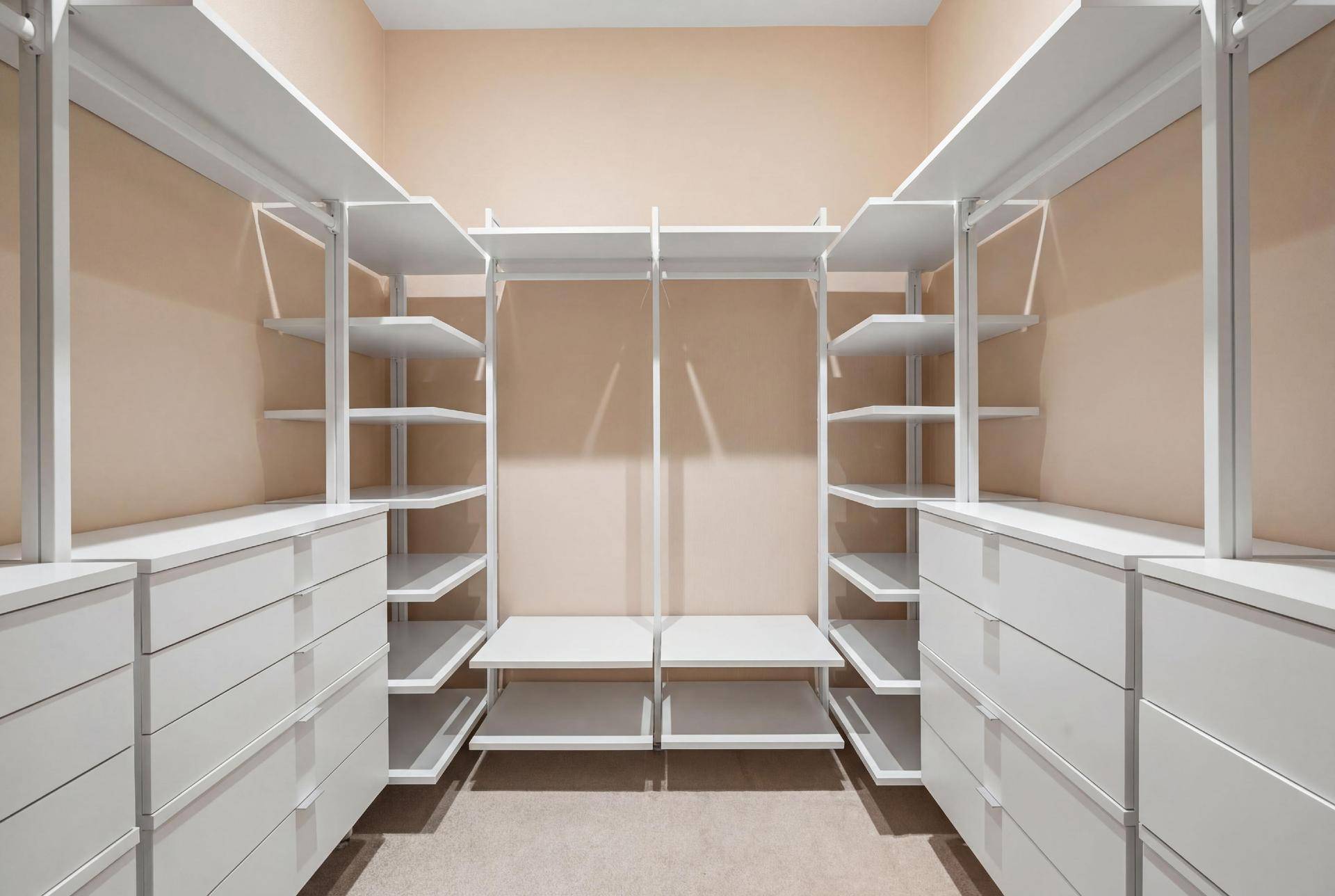 Geräumiger begehbarer Kleiderschrank mit offenen Regalen und Schubladenelementen.