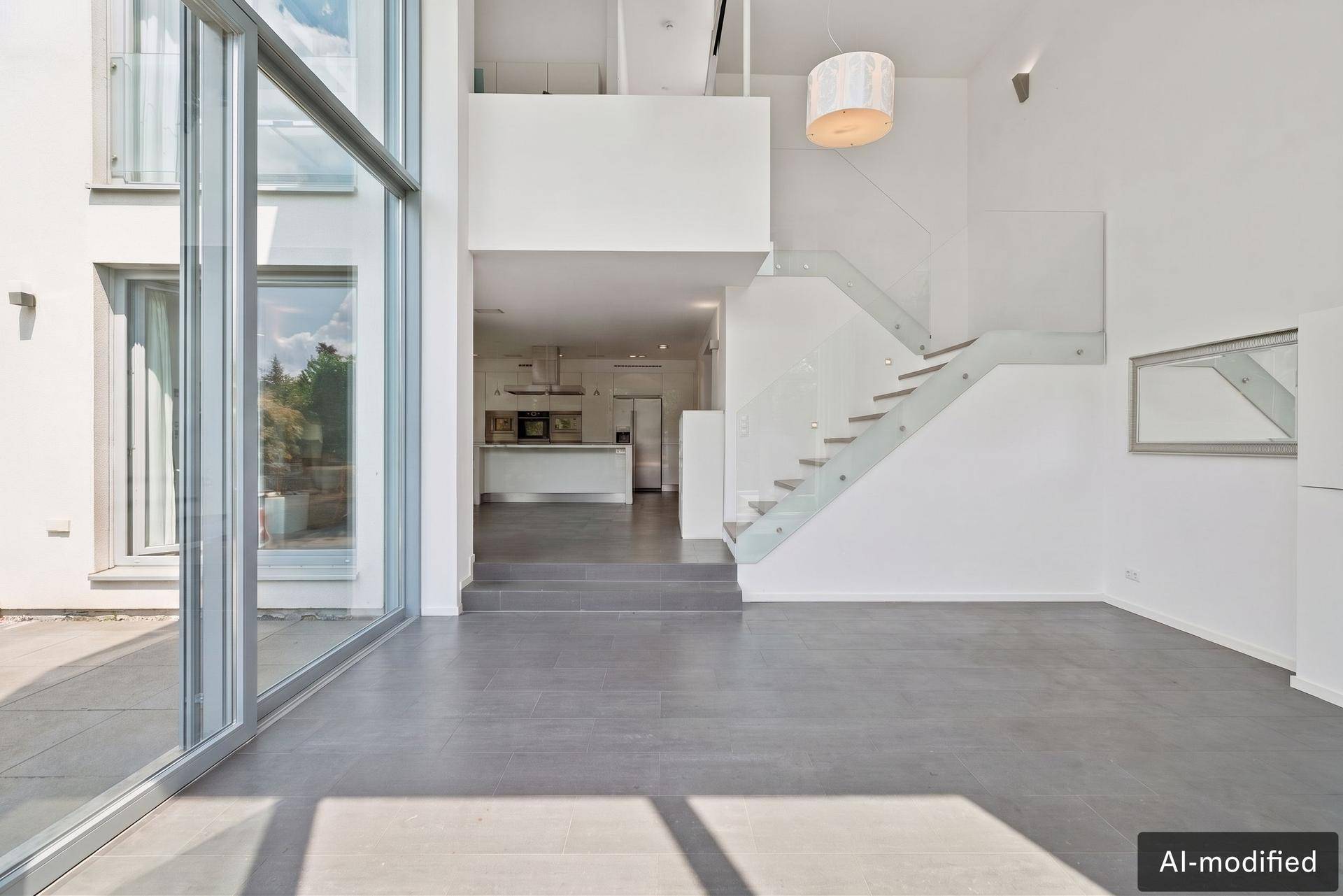 Geräumiger Wohnbereich mit hohen Decken, moderner Treppe und Zugang zur Terrasse durch Glasschiebetüren.