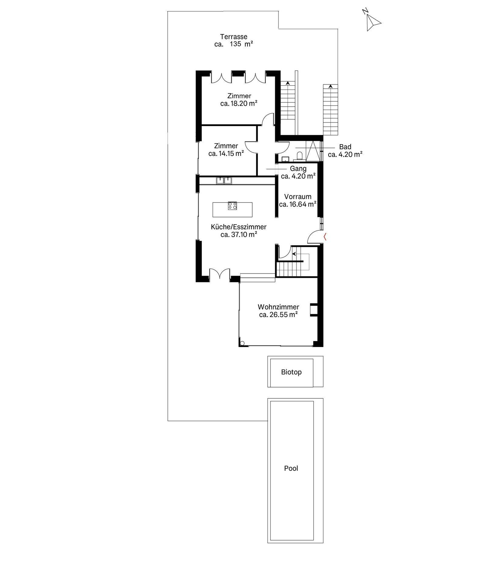 Grundriss des Erdgeschosses mit offener Küche, Wohnzimmer, Terrasse und Poolbereich.