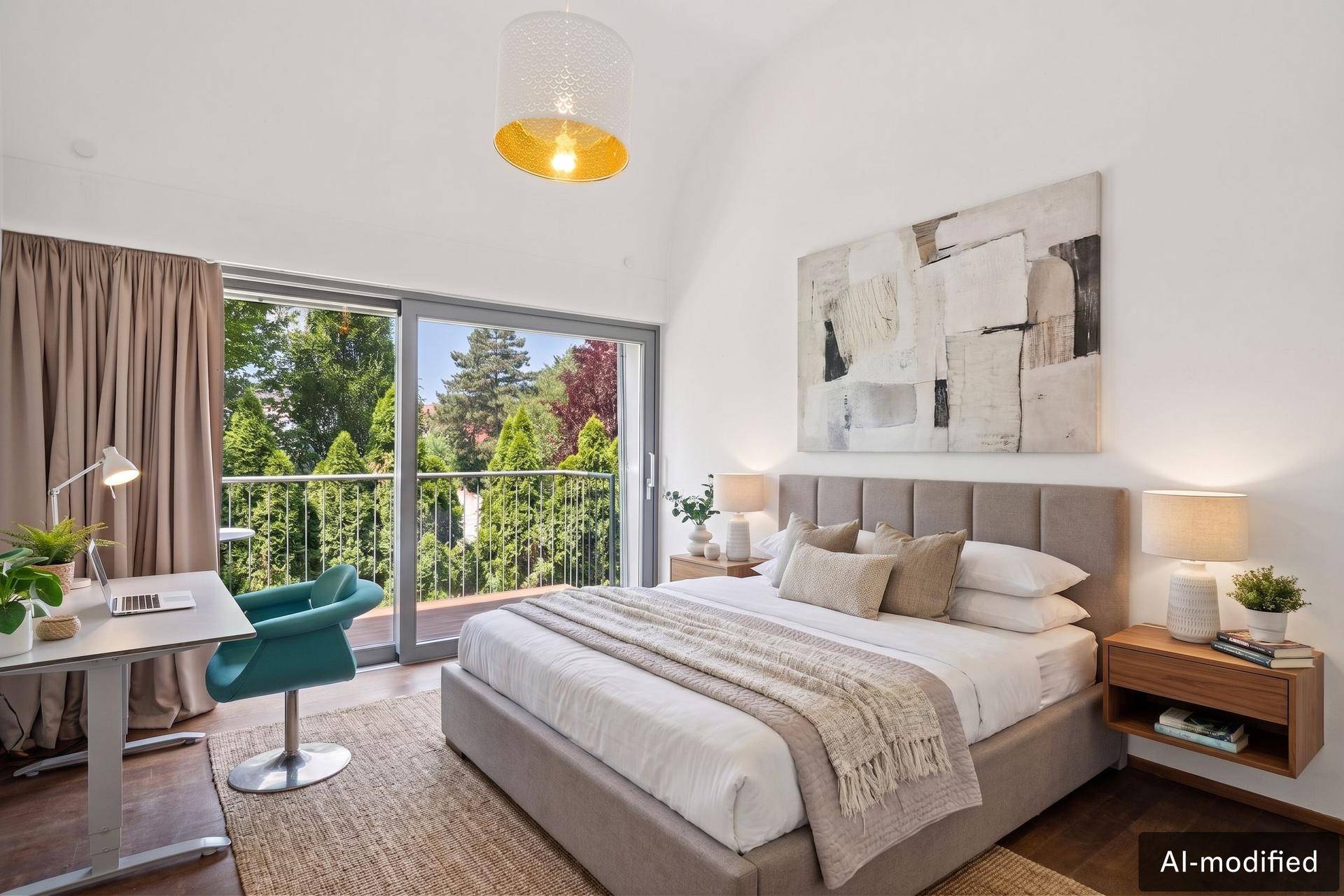 Gemütliches Schlafzimmer mit Balkonzugang, modernem Bett und Schreibtisch, umgeben von viel Grün.