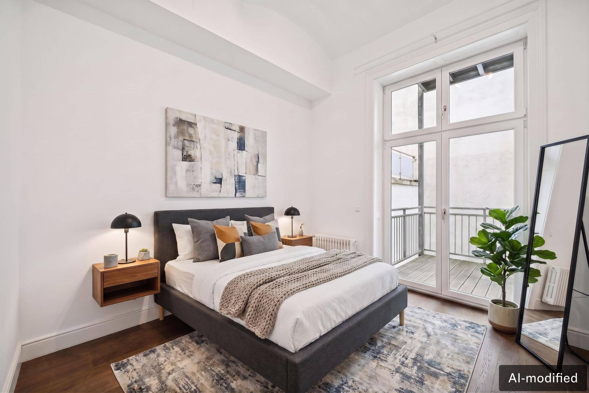 Helles Schlafzimmer mit modernem Bett, Kunst an der Wand und direktem Zugang zu einem Balkon.