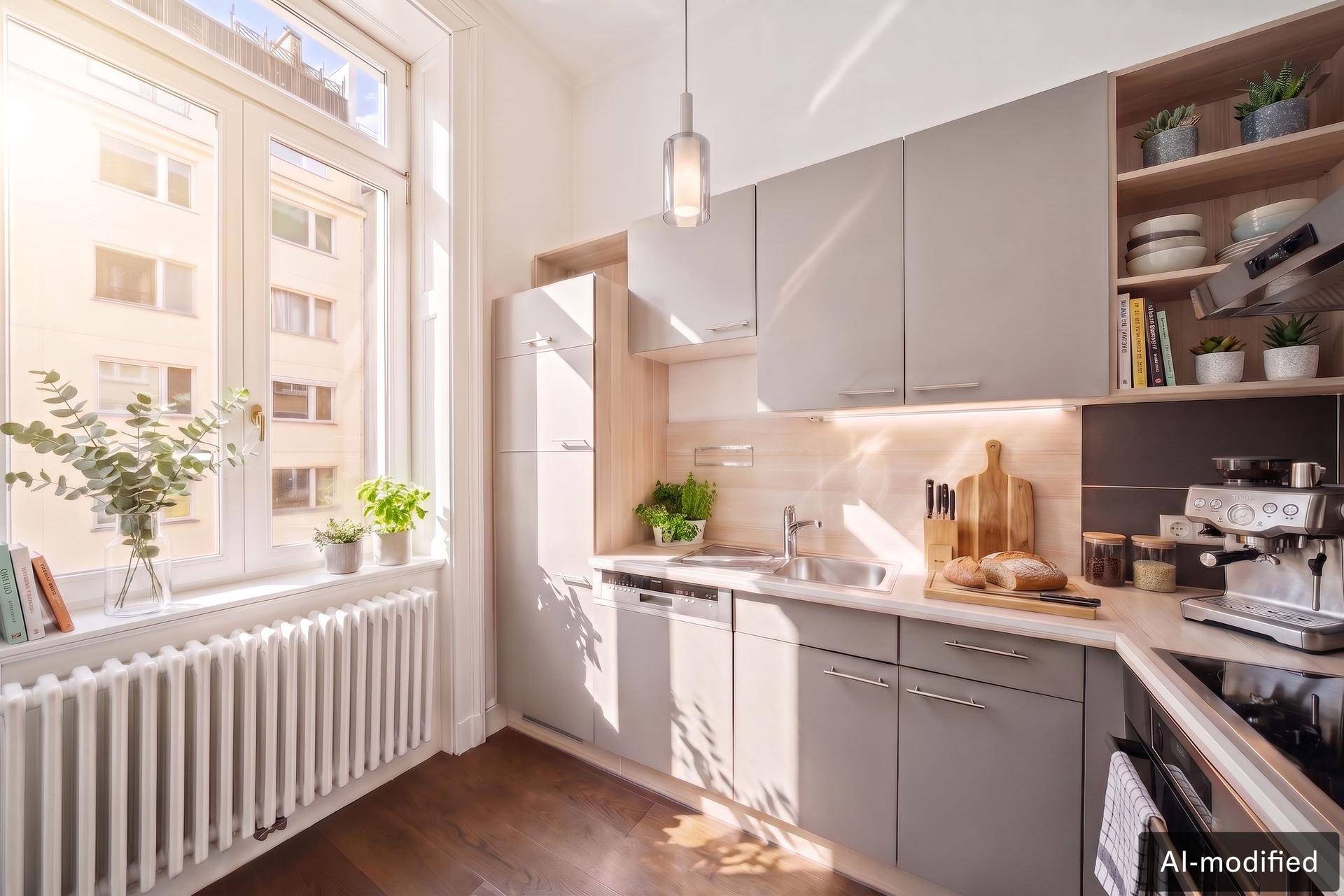 Moderne Küche mit grauen Schränken, Holzakzenten und einem großen Fenster, das den Raum erhellt.