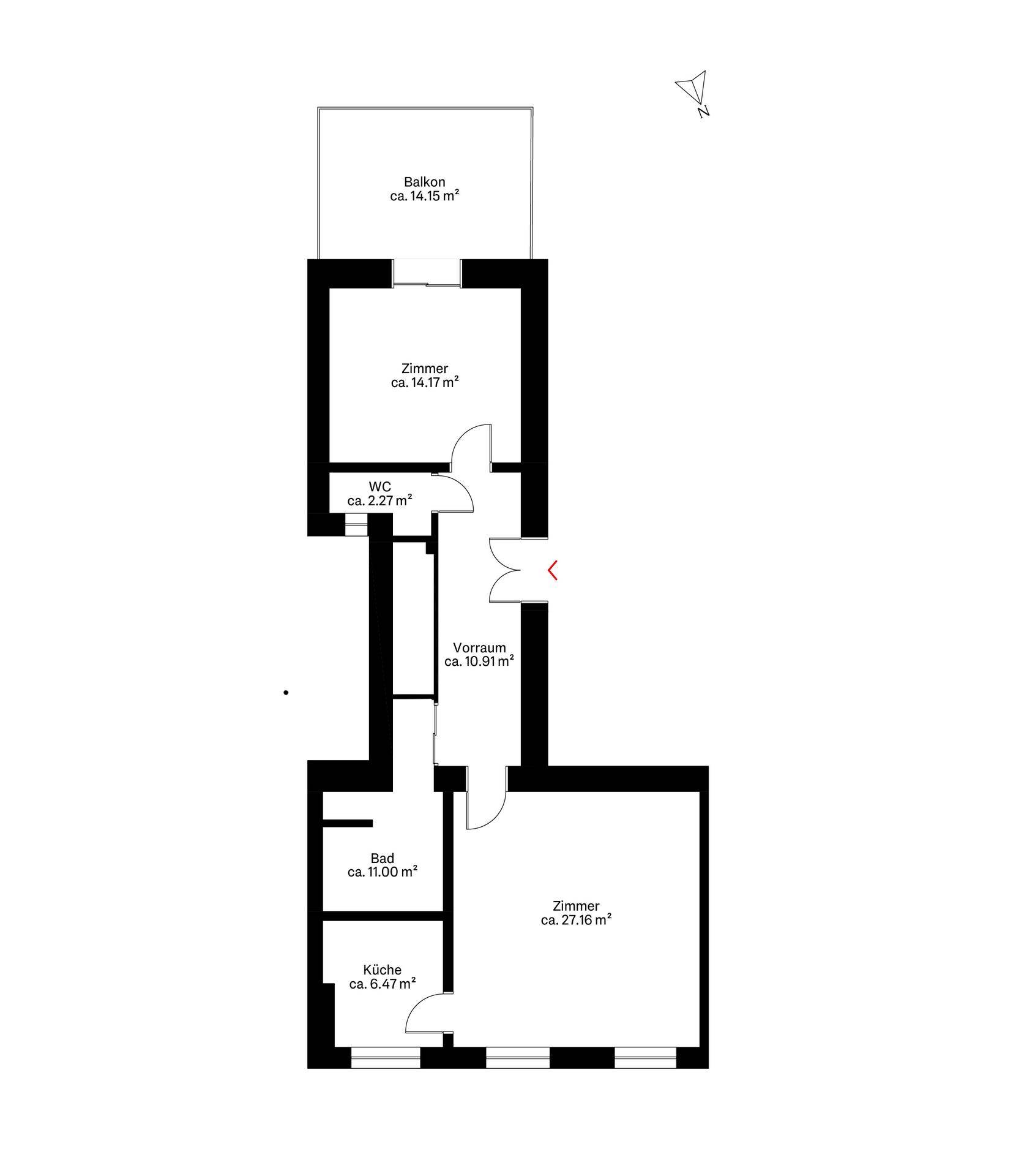 Grundriss einer Wohnung mit Balkon, zwei Zimmern, Küche, Bad und separatem WC.