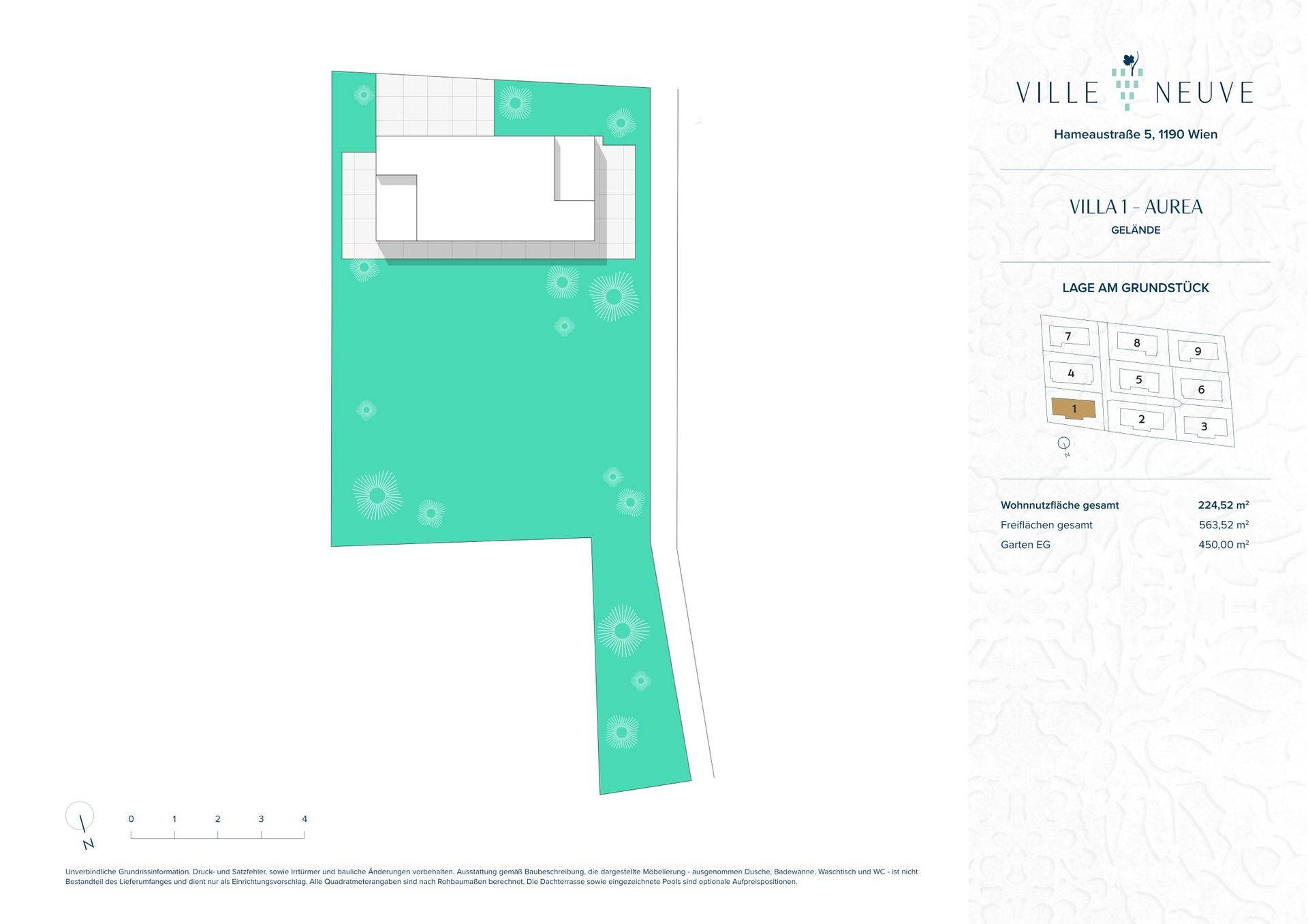 Lageplan des Grundstücks mit der Villa und der umliegenden Gartenfläche.