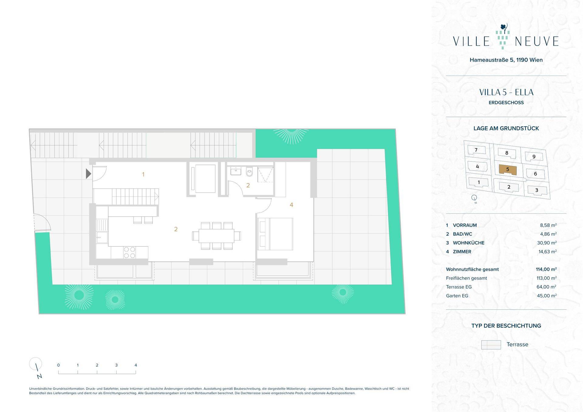 Grundriss des Erdgeschosses mit offener Wohnküche, Schlafzimmer und Zugang zu Terrasse und Garten.