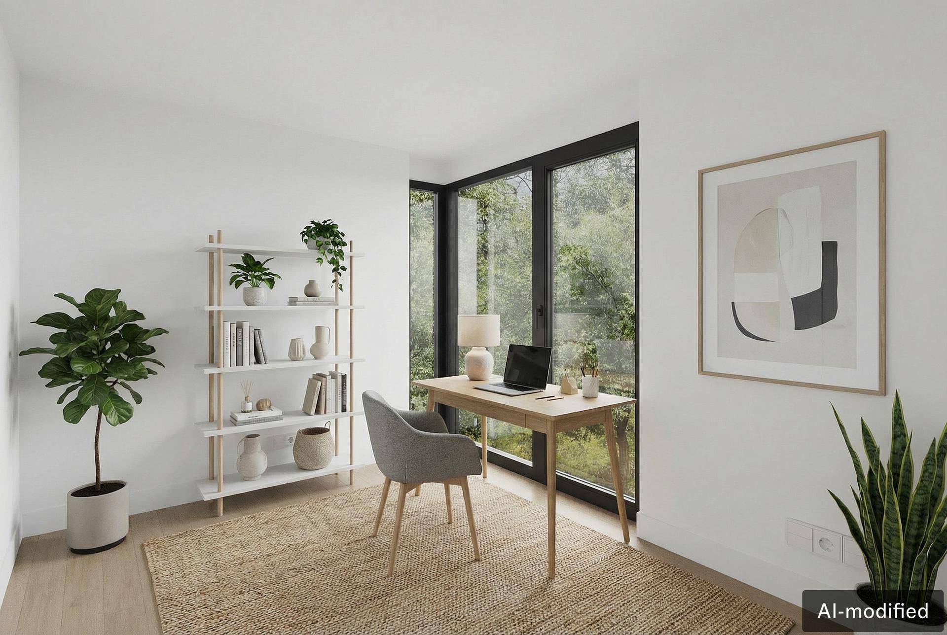 Modernes Arbeitszimmer mit Schreibtisch, Bücherregal und großen Fenstern mit Blick ins Grüne.