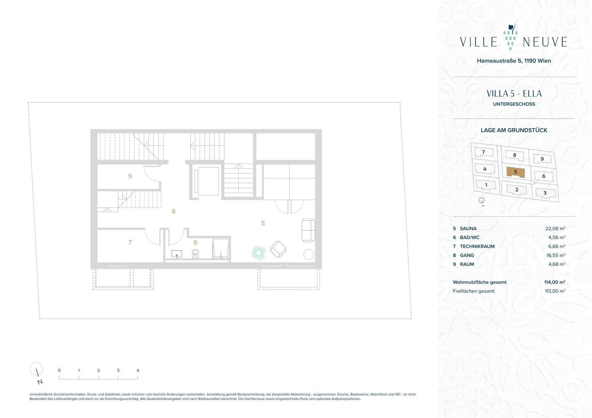 Grundriss des Untergeschosses mit Sauna, Bad und Technikraum für Villa Ella.