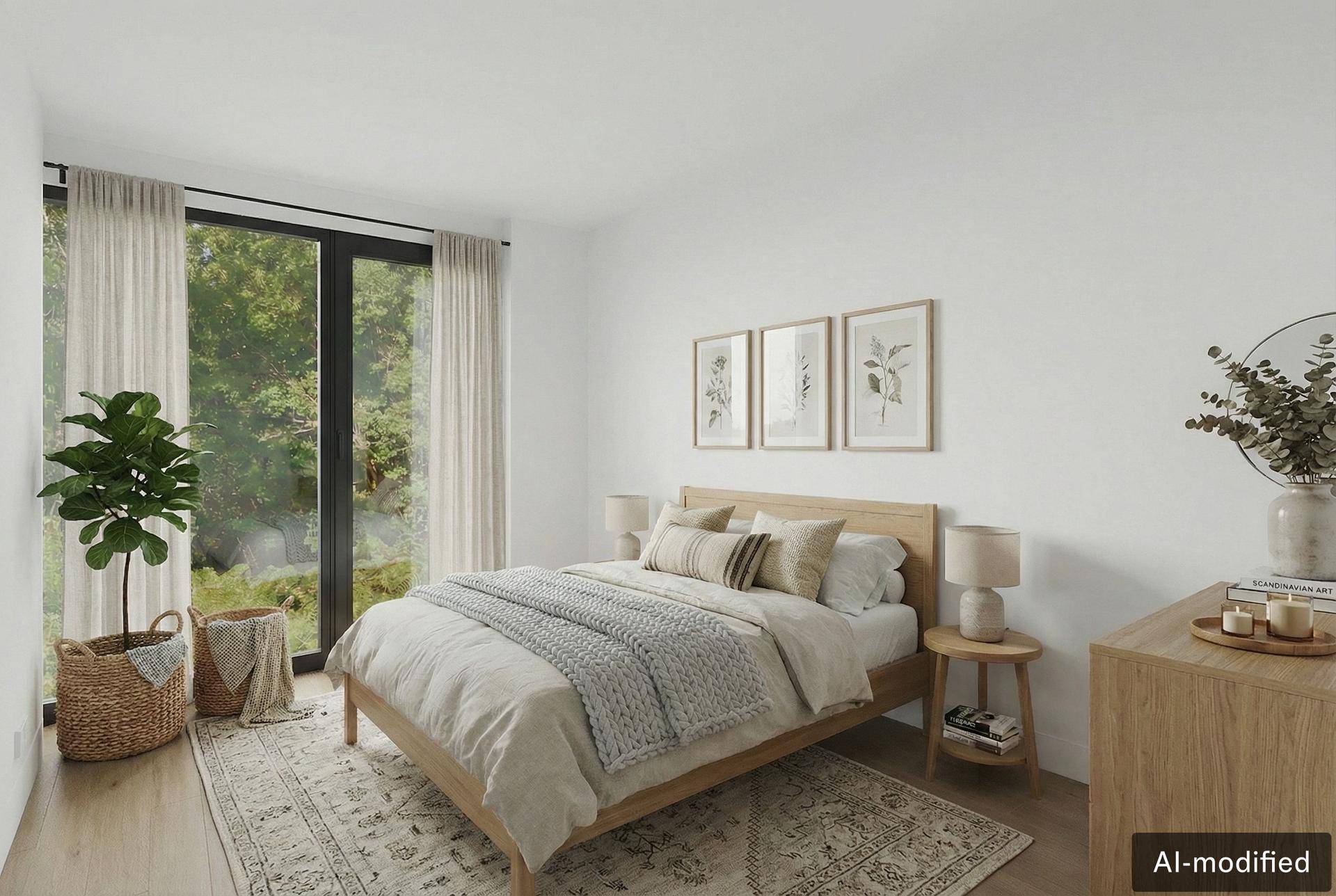 Helles Schlafzimmer mit Holzbett, großen Fenstern und Blick ins Grüne.