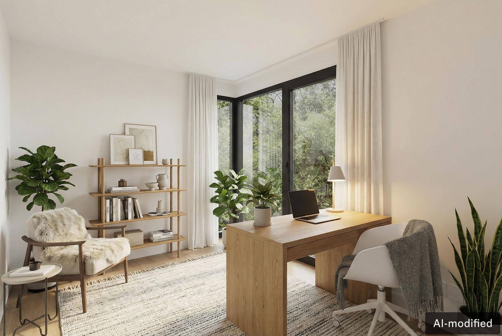 Helles Heimbüro mit Holzschreibtisch, Bücherregal und Blick ins Grüne.