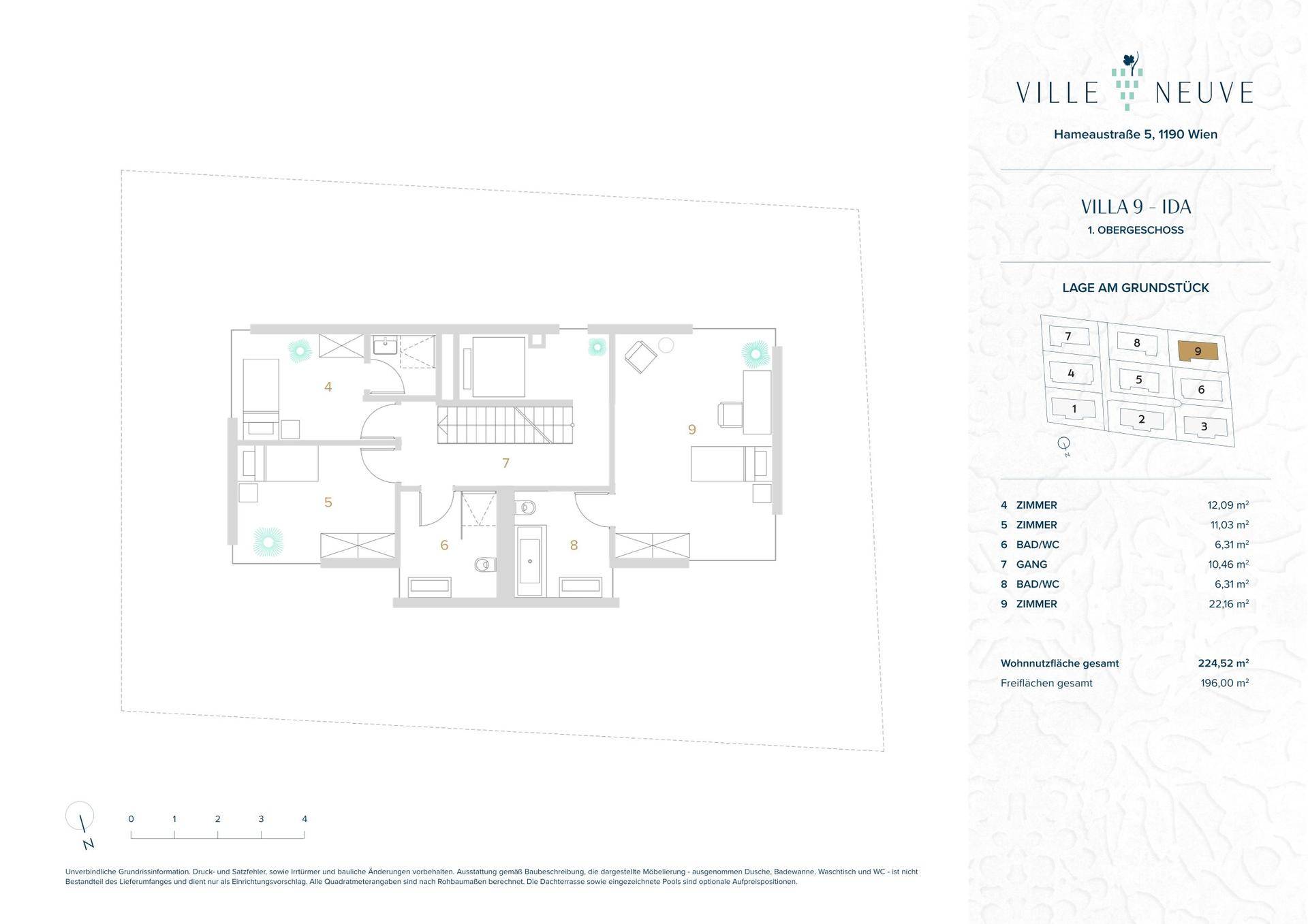 Grundriss des ersten Obergeschosses der Villa 9 mit mehreren Zimmern und Bädern.