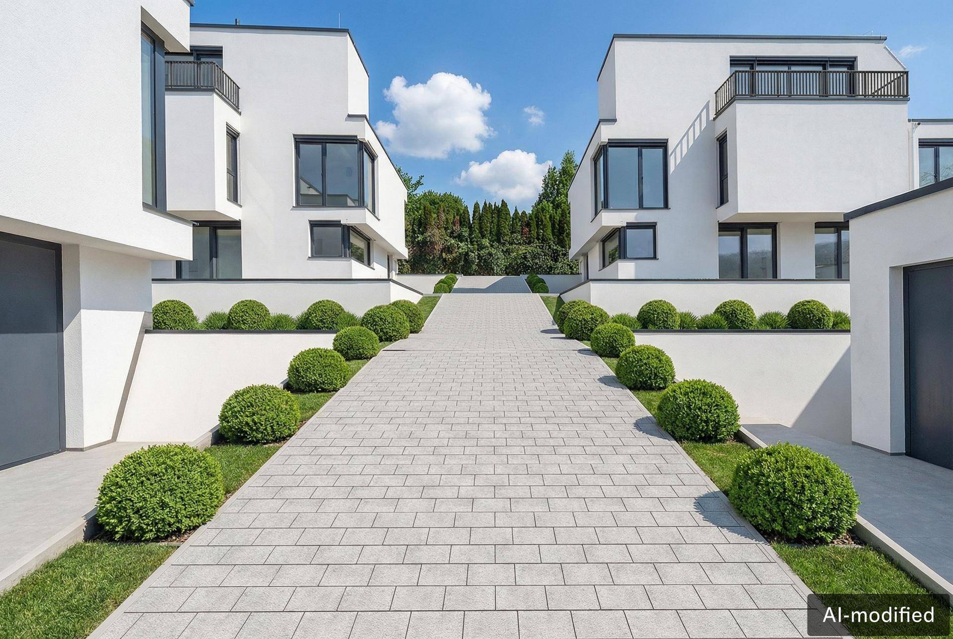 Moderne weiße Gebäude mit gepflasterter Zufahrt und gepflegten Grünflächen.