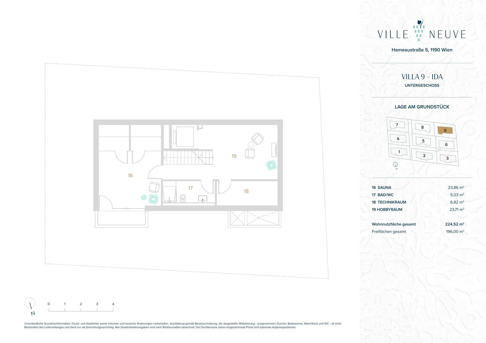 Grundriss des Untergeschosses der Villa 9 mit Sauna, Bad und Hobbyraum.