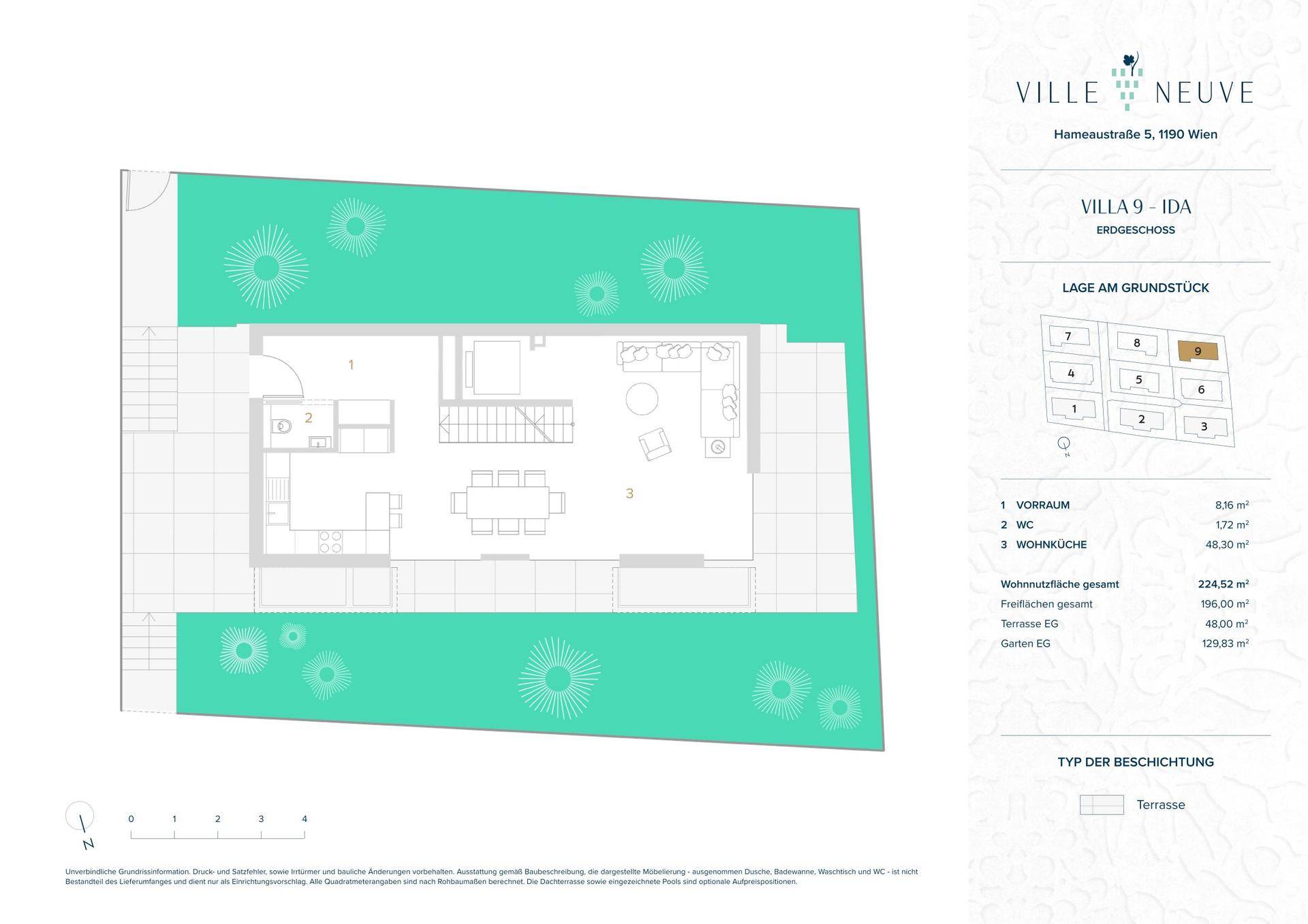 Grundriss des Erdgeschosses der Villa 9 mit Wohnküche, WC und Garten.