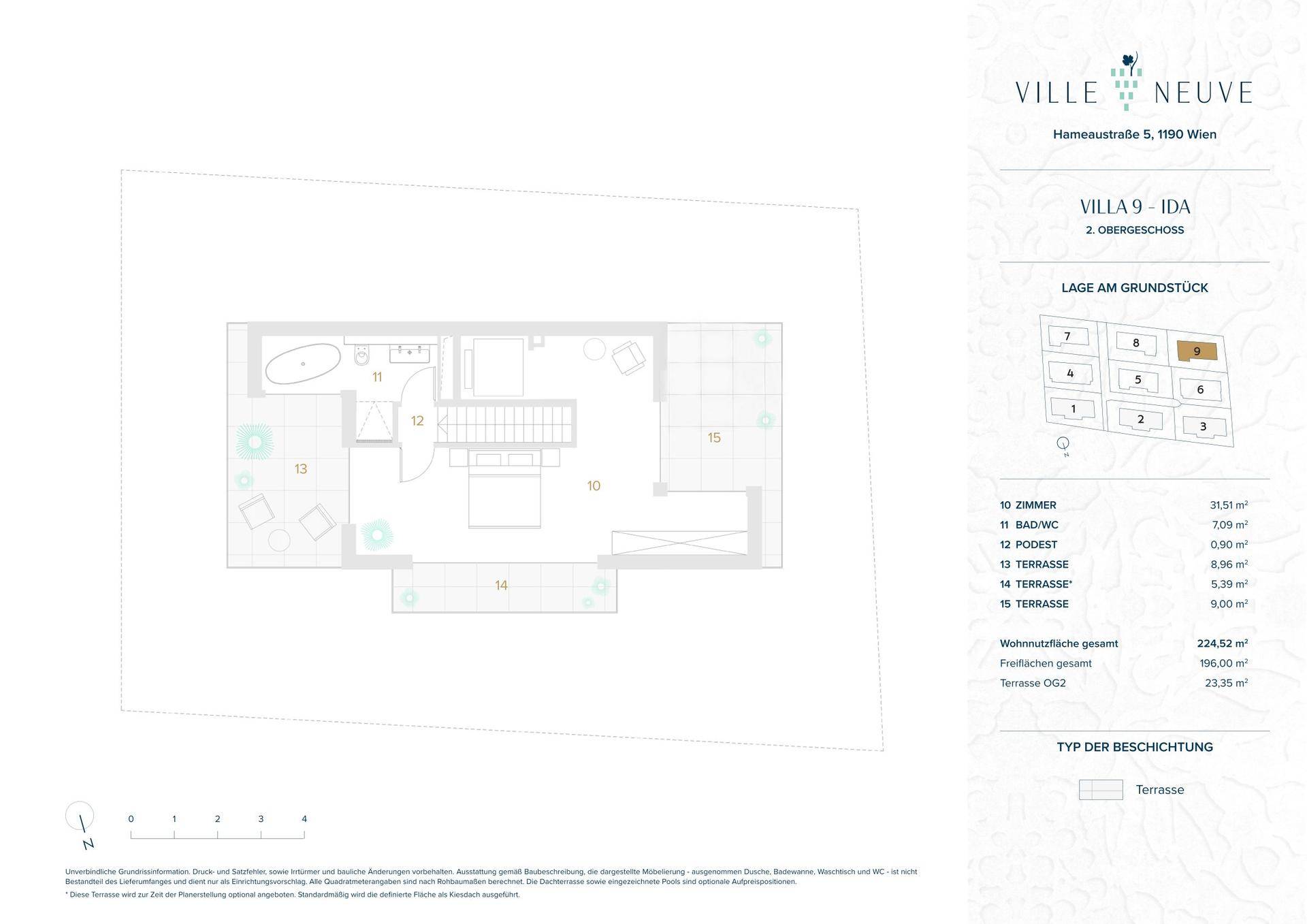 Grundriss des zweiten Obergeschosses der Villa 9 mit großem Zimmer und Terrassen.