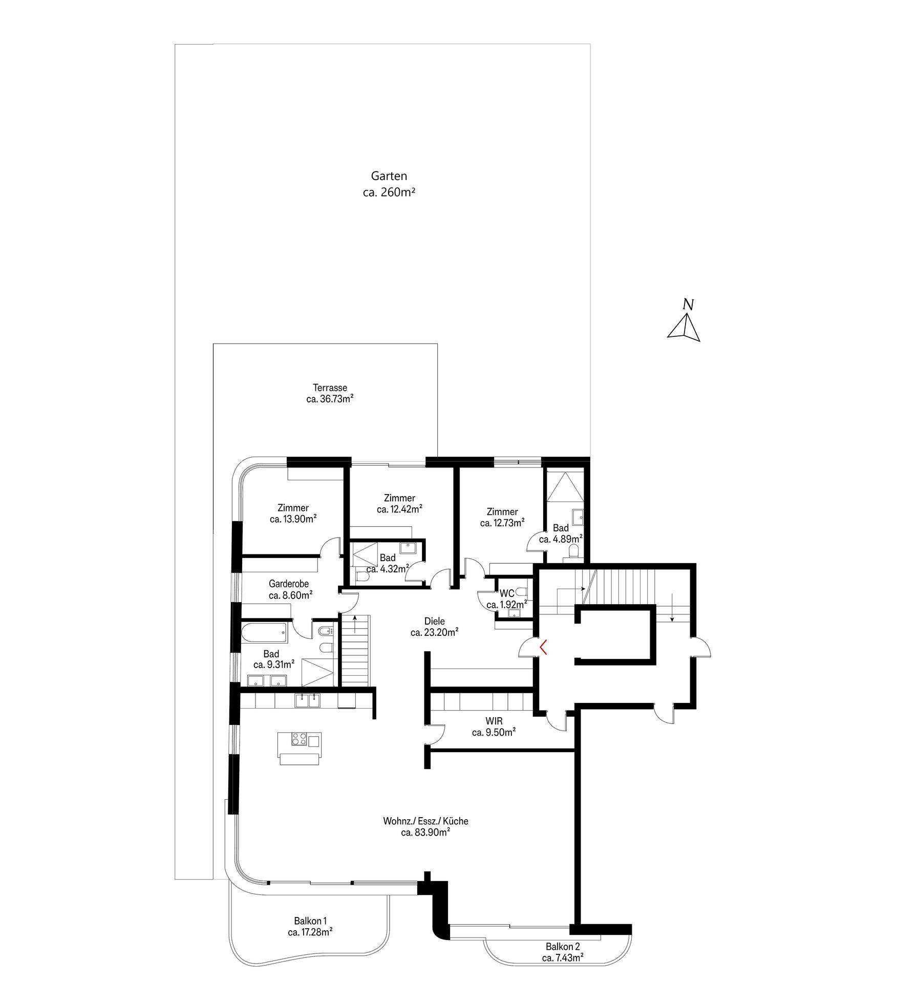 Detaillierter Grundriss mit Garten, Terrasse, zwei Balkonen und mehreren Zimmern.