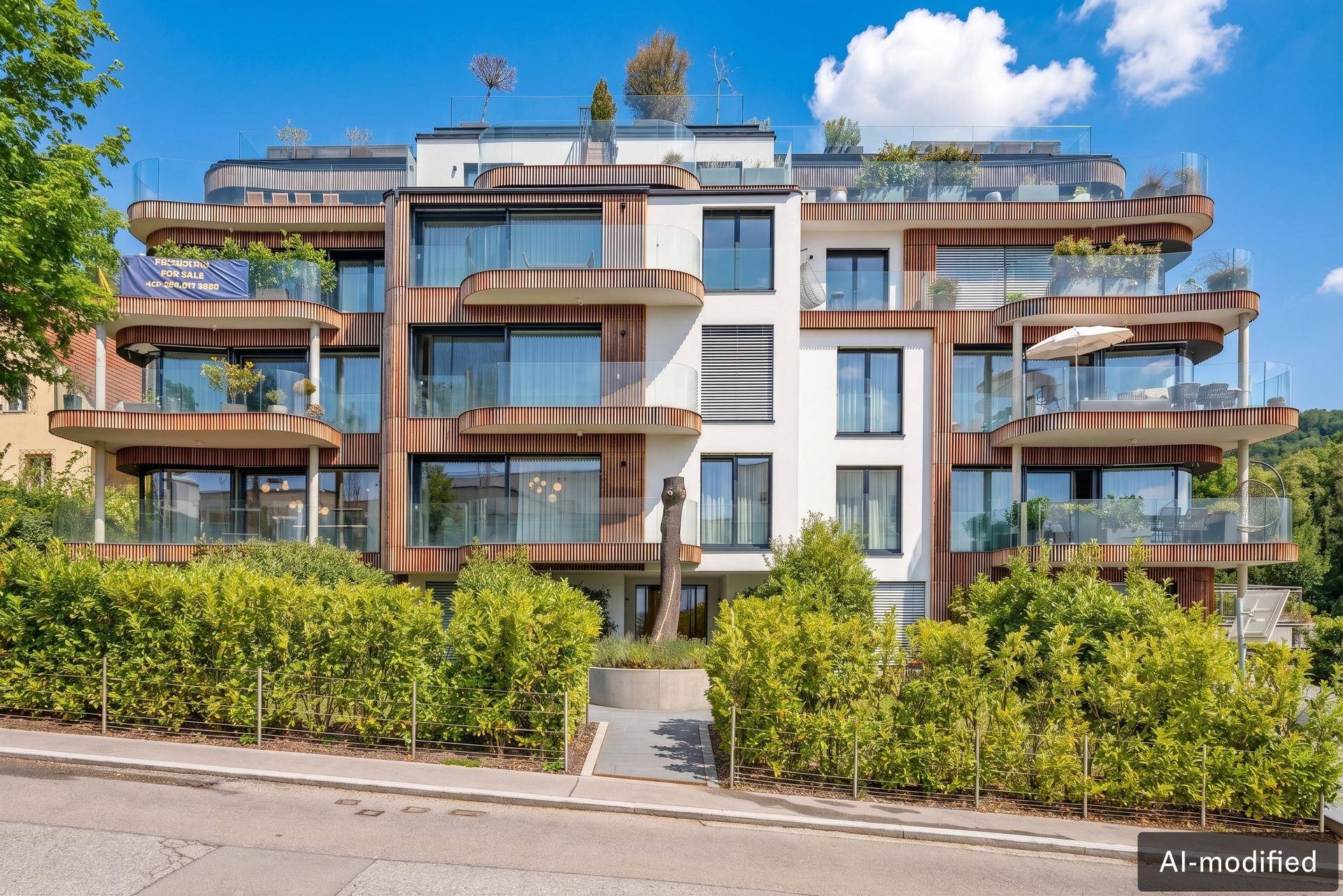 Moderne Wohnanlage mit geschwungenen Balkonen, großen Glasflächen und Holzverkleidung in grüner Umgebung.
