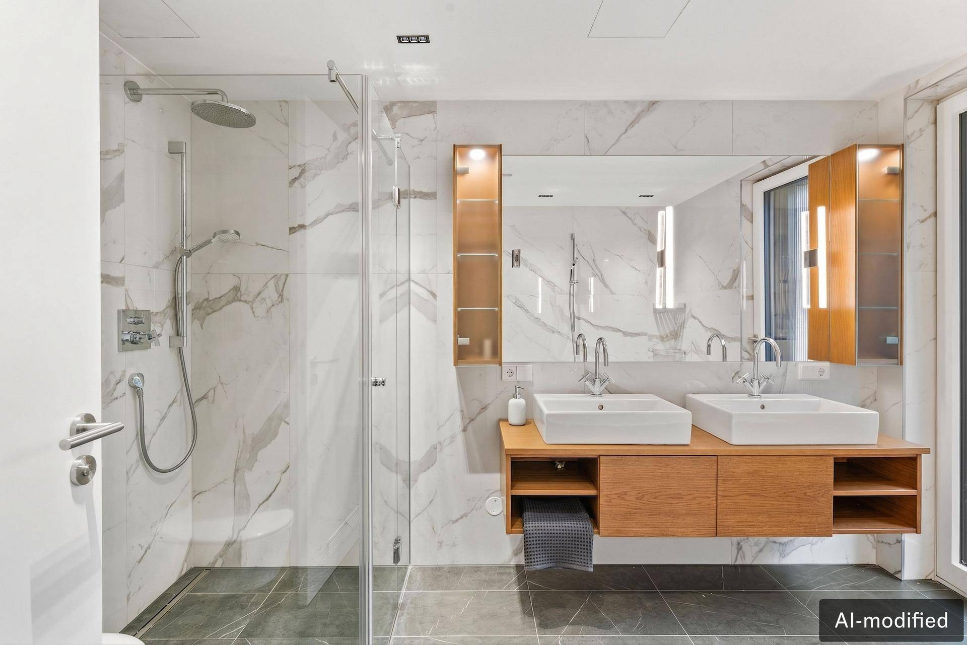 Modernes Badezimmer mit begehbarer Dusche, Doppelwaschbecken und eleganten Marmorfliesen.