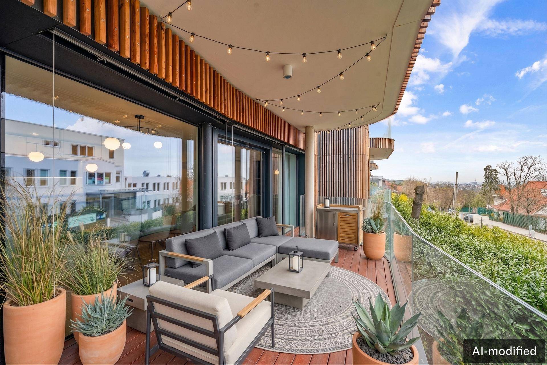 Großer, geschwungener Balkon mit gemütlicher Sitzecke, Pflanzen und weitem Blick über die Stadt.