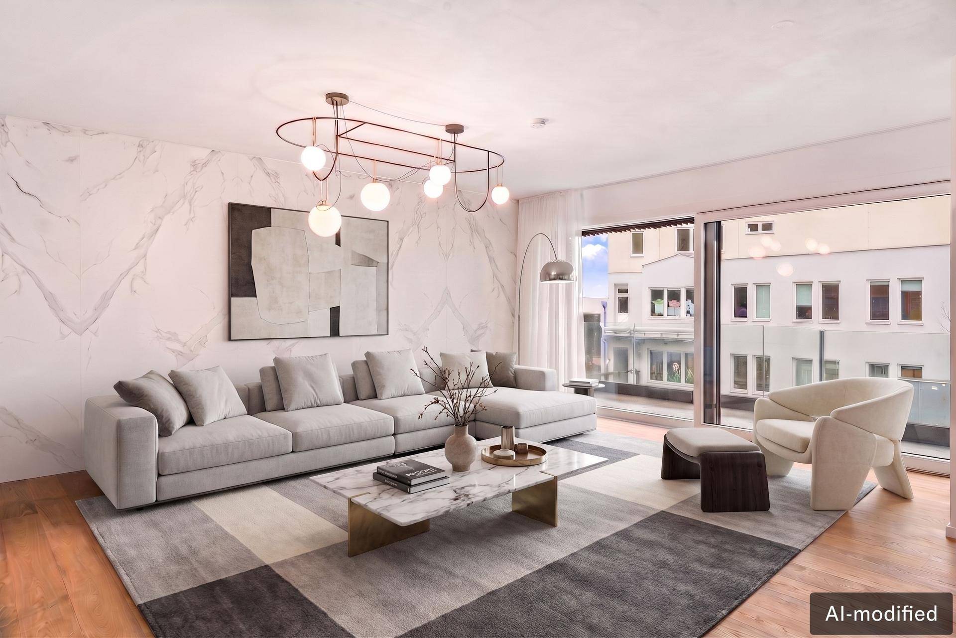 Elegantes Wohnzimmer mit großem Sofa, Marmorwand und Zugang zu einem Balkon mit Stadtblick.