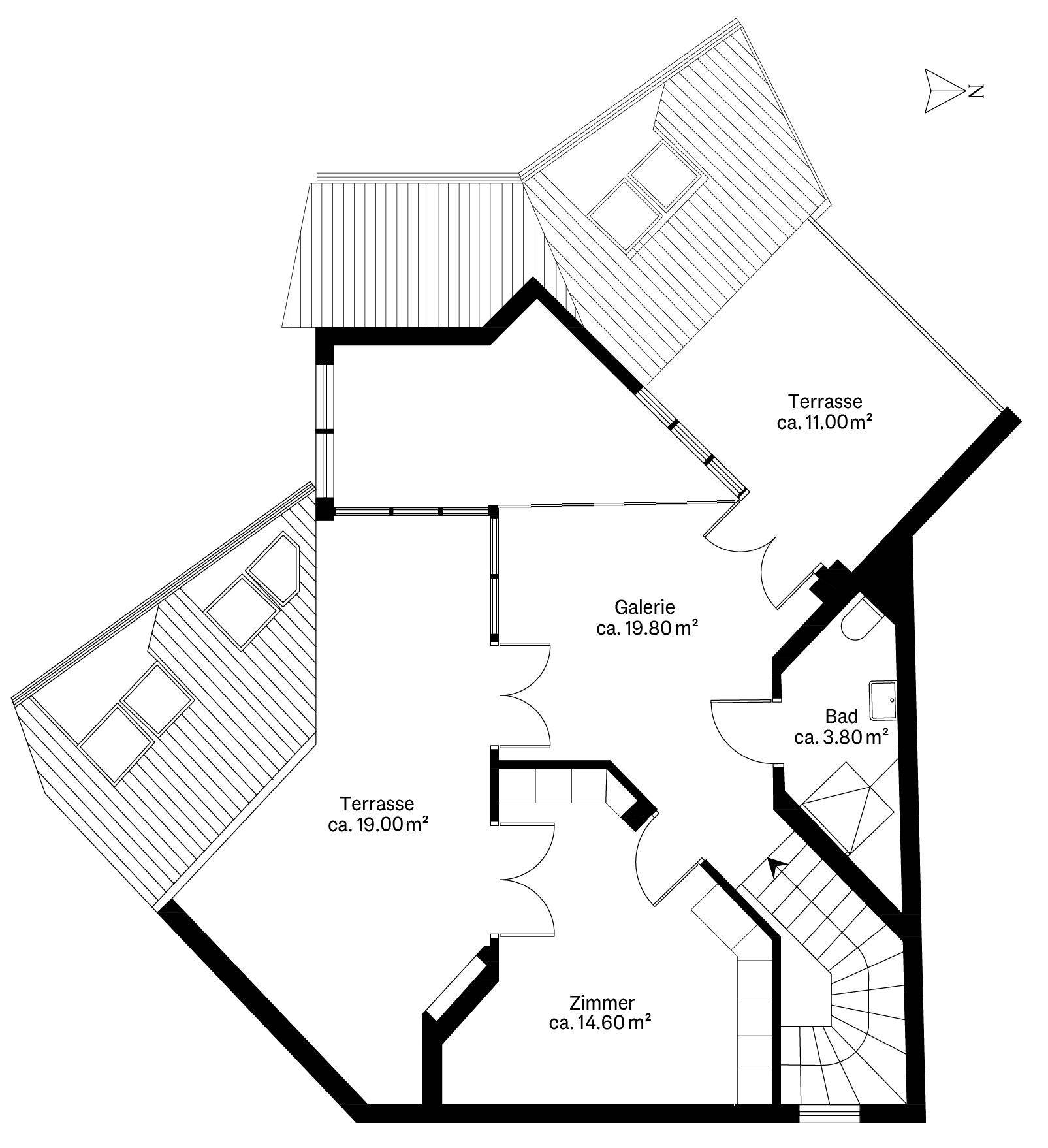 Grundriss der oberen Ebene mit Galerie, Bad und zwei Terrassen.