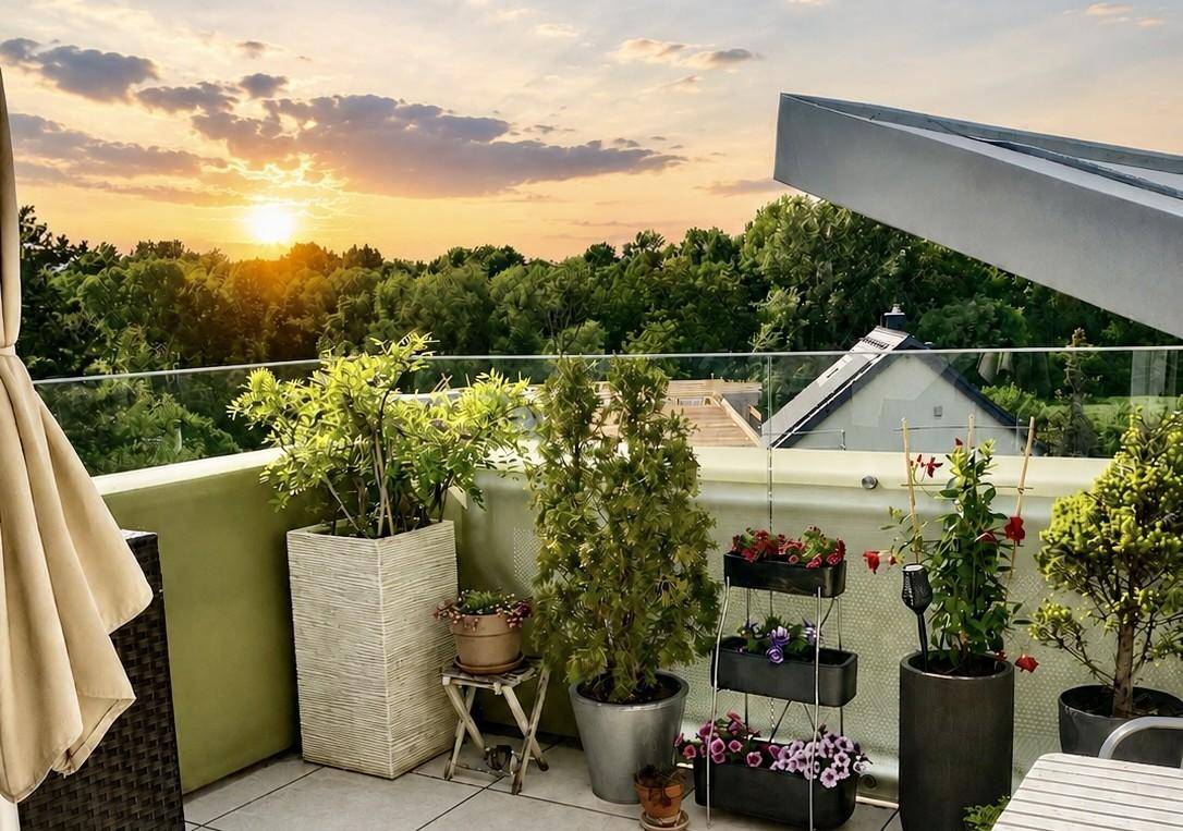 Sonniger Balkon mit Pflanzen und Blick ins Grüne bei Sonnenuntergang.