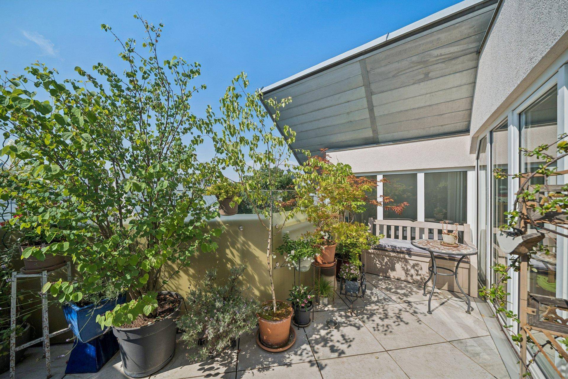 Begrünte Terrasse mit Sitzbank, Tisch und vielen Topfpflanzen.