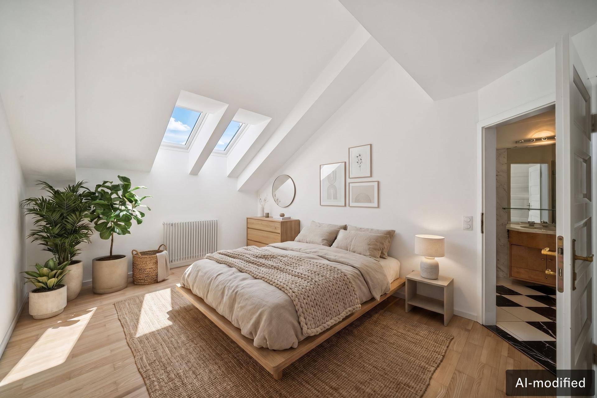 Helles Schlafzimmer im Dachgeschoss mit Holzboden, Dachfenstern und Zugang zum Badezimmer.