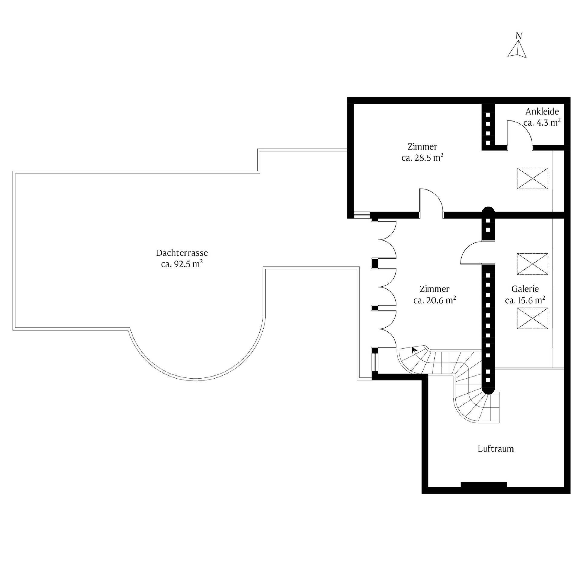 Grundriss der oberen Ebene mit Dachterrasse, Zimmern und Galeriebereich.