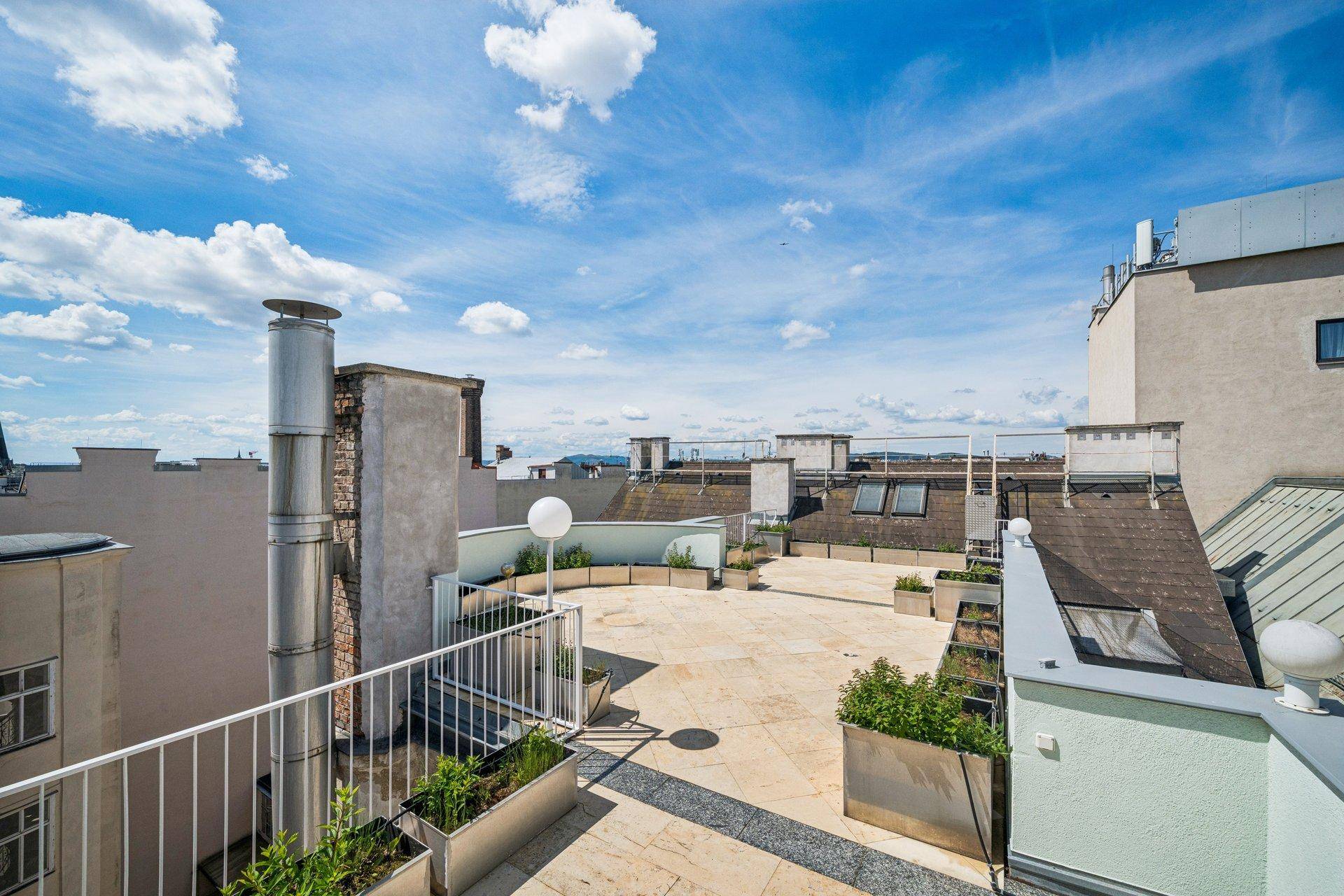 Weitläufige Dachterrasse mit Stadtblick, Pflanzenkübeln und viel Platz im Freien.