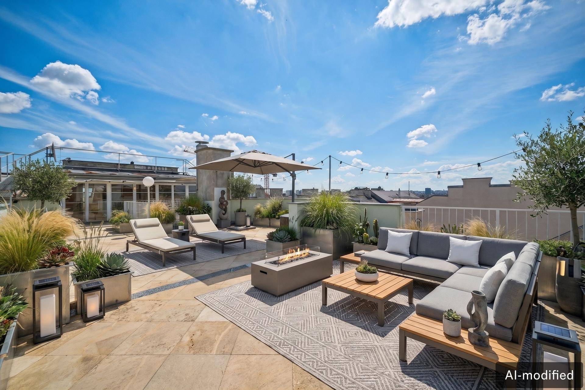 Großzügige Dachterrasse mit bequemen Lounge-Möbeln, Feuerstelle und Pflanzen in Kübeln.
