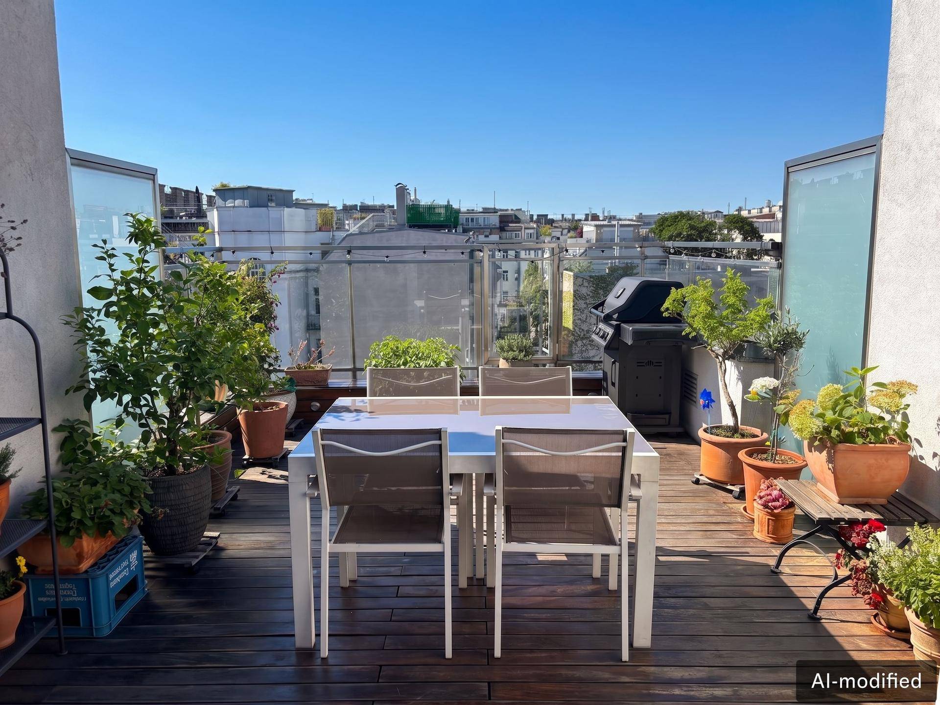 Sonnige Dachterrasse mit Esstisch, Grill und vielen Pflanzen, ideal für Mahlzeiten im Freien.