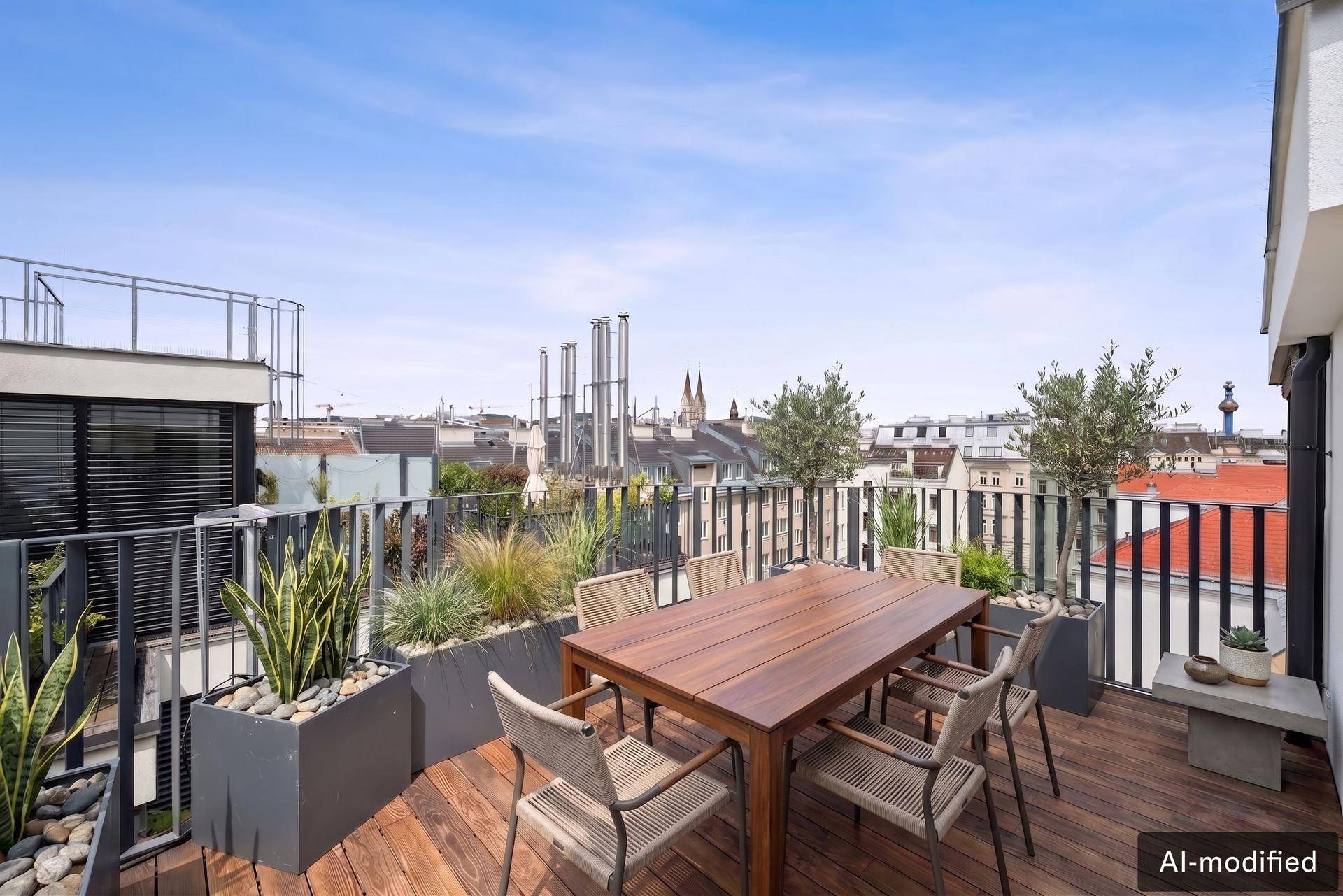 Möblierte Dachterrasse mit Pflanzen und Panoramablick über die Dächer der Stadt.