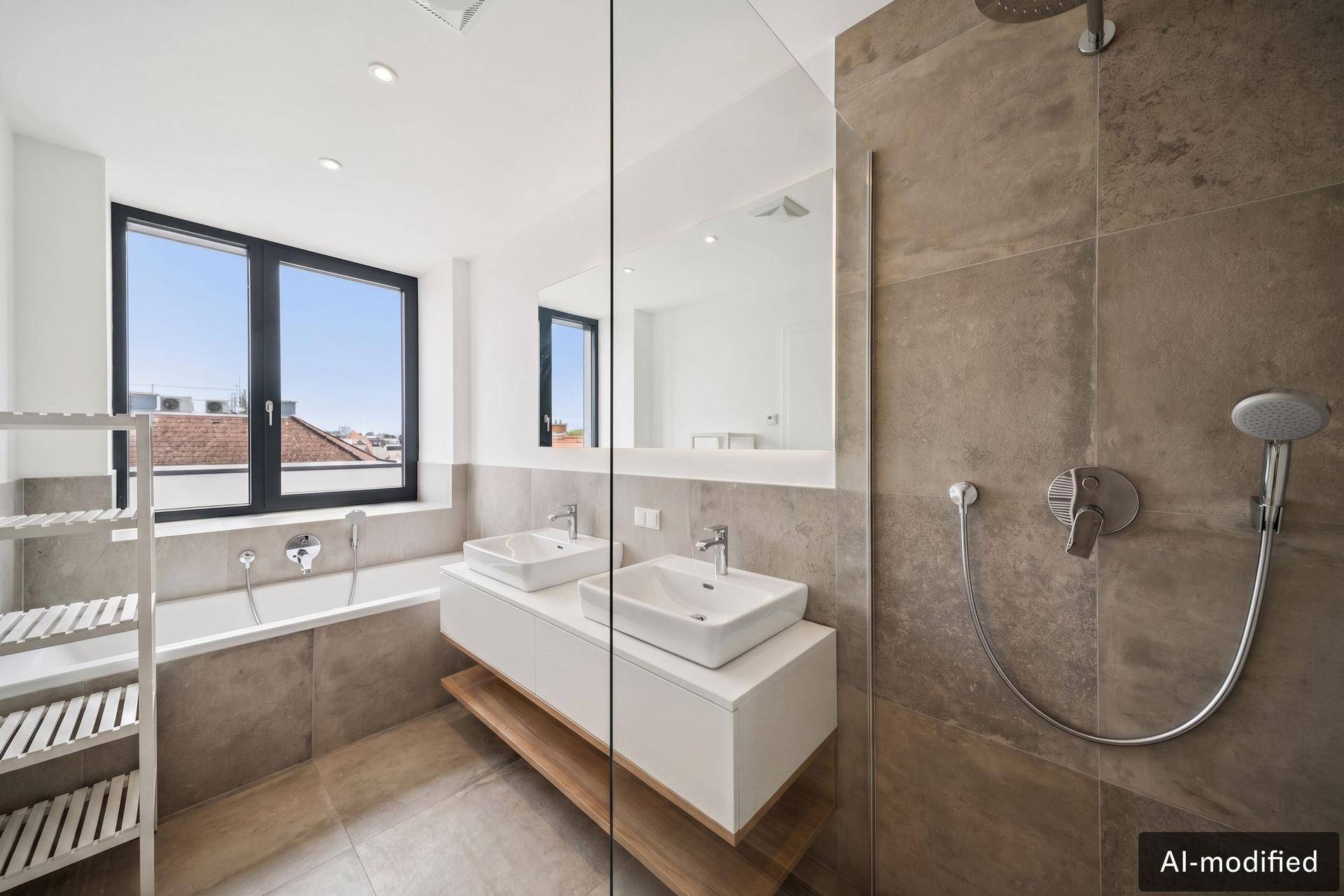 Modernes Badezimmer mit Doppelwaschbecken, Badewanne und großer Dusche.