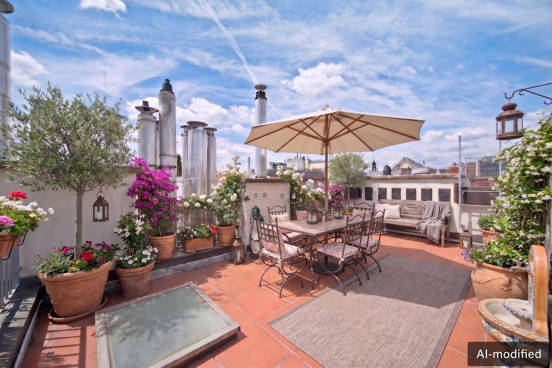 Gemütliche Dachterrasse mit Esstisch, Sonnenschirm und vielen Pflanzen für entspannte Stunden im Freien.