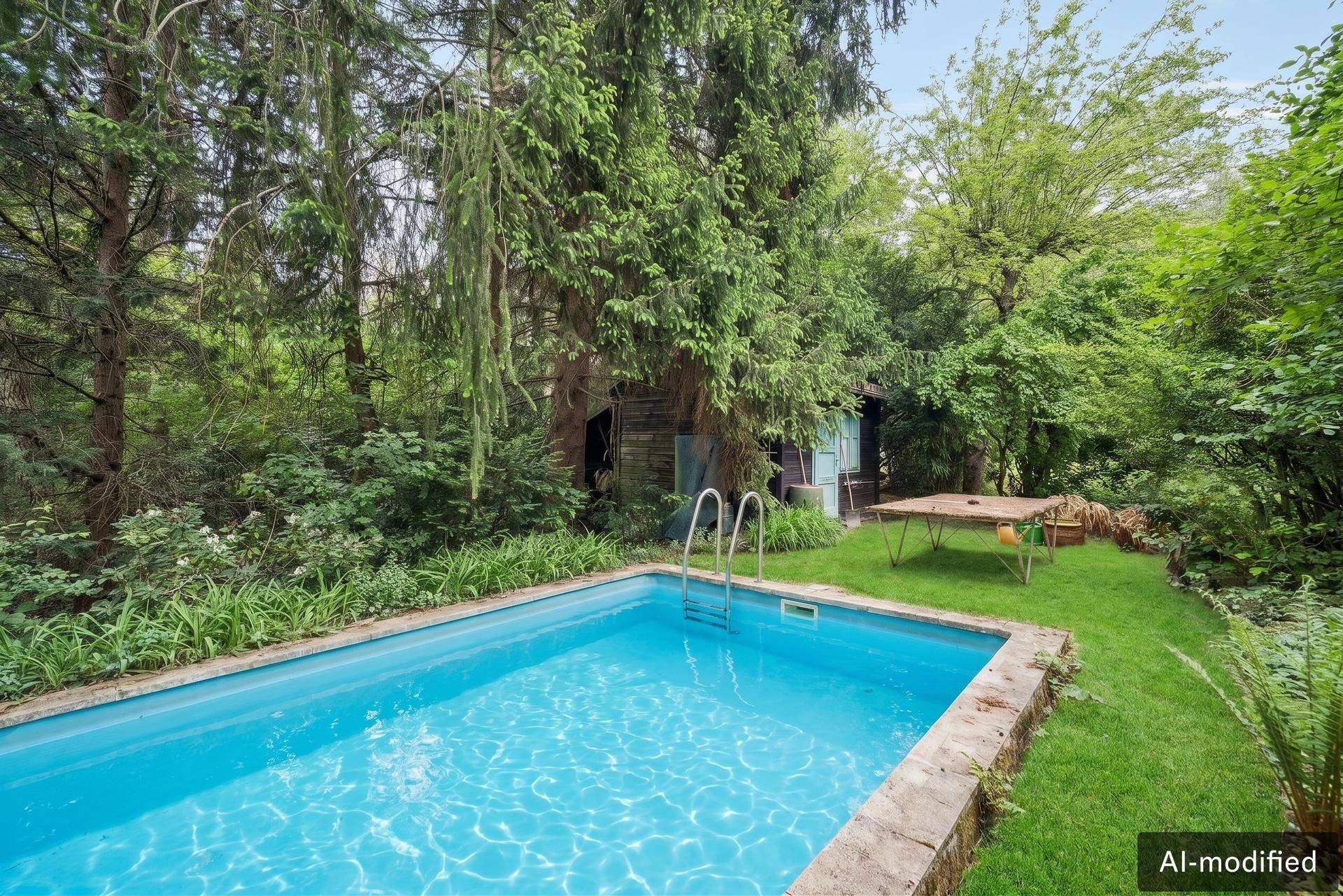 Einladender Außenpool im weitläufigen Garten, umgeben von dichtem Baumbestand und Rasenflächen.
