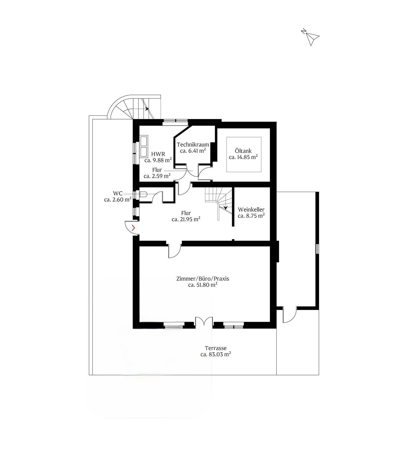 Grundriss des Untergeschosses mit Technikraum, Weinkeller, weiterem Zimmer und großer Terrasse.